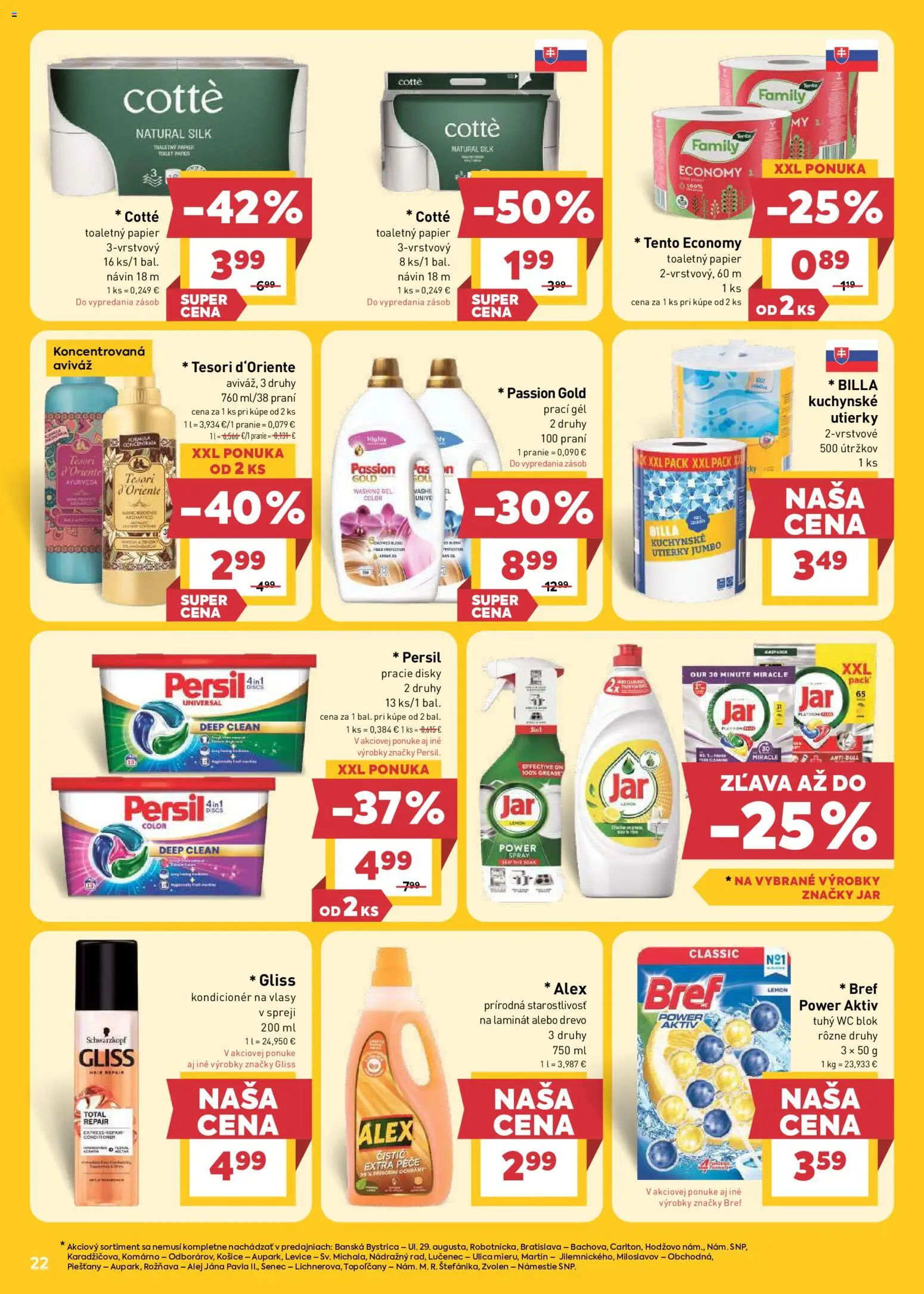 Nové Billa akcie – leták je platný od 29.07.2026 | Strana: 22 | Produkty: Prací gél, Kondicionér, Wc blok, Utierky