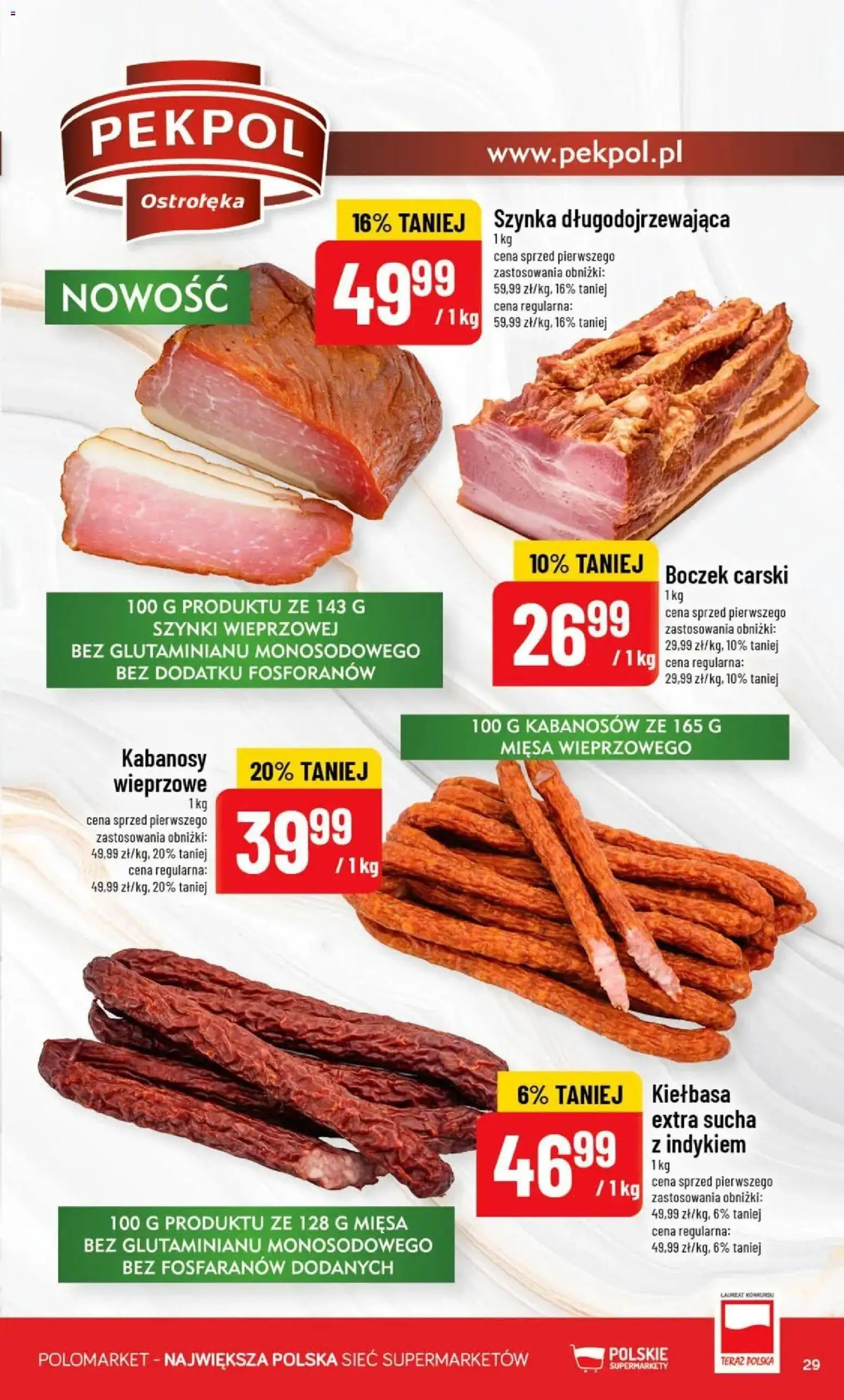 Nowa POLOmarket gazetka od jutra 09.09.2026 | Strona: 29 | Produkty: Kiełbasa, Kabanosy, Boczek, Szynka długodojrzewająca