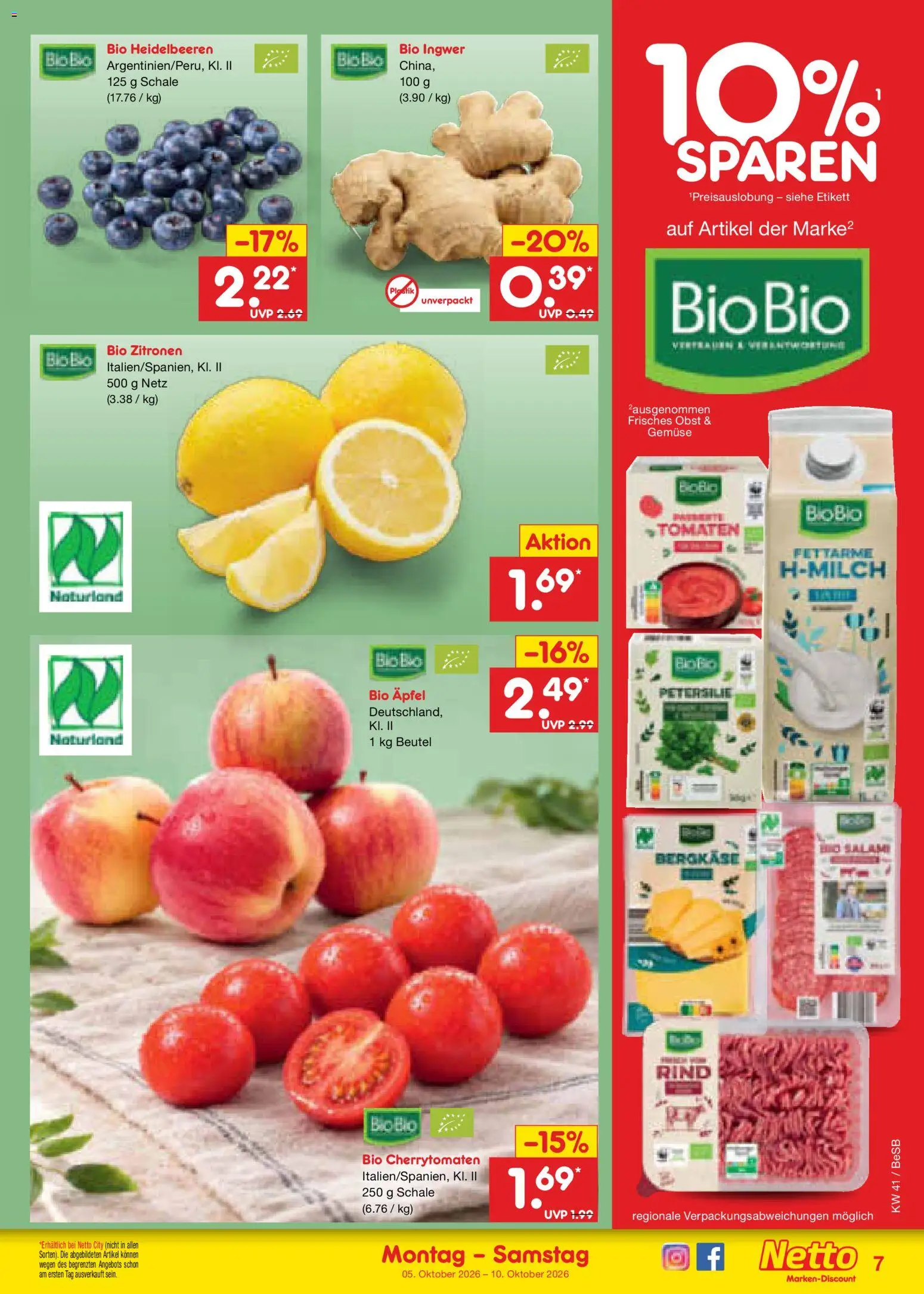 Netto Marken-Discount Prospekt – gültig ab 05.10.2026 | Seite: 7 | Produkte: Heidelbeeren, Gemüse, Obst, Salami