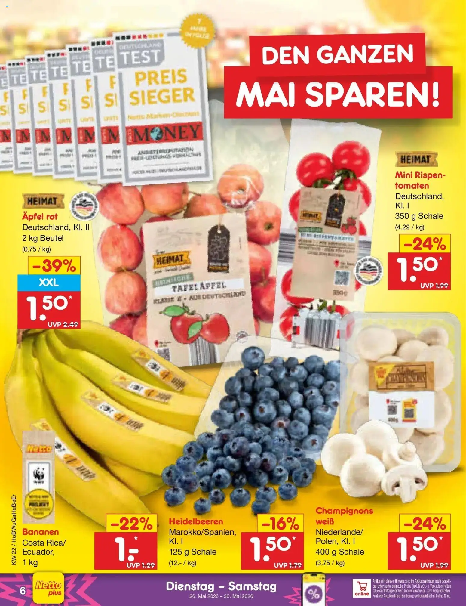Netto Marken-Discount Prospekt Bremen-Lesum – gültig ab 26.05.2026 | Seite: 8 | Produkte: Äpfel, Bananen, Heidelbeeren, Champignons