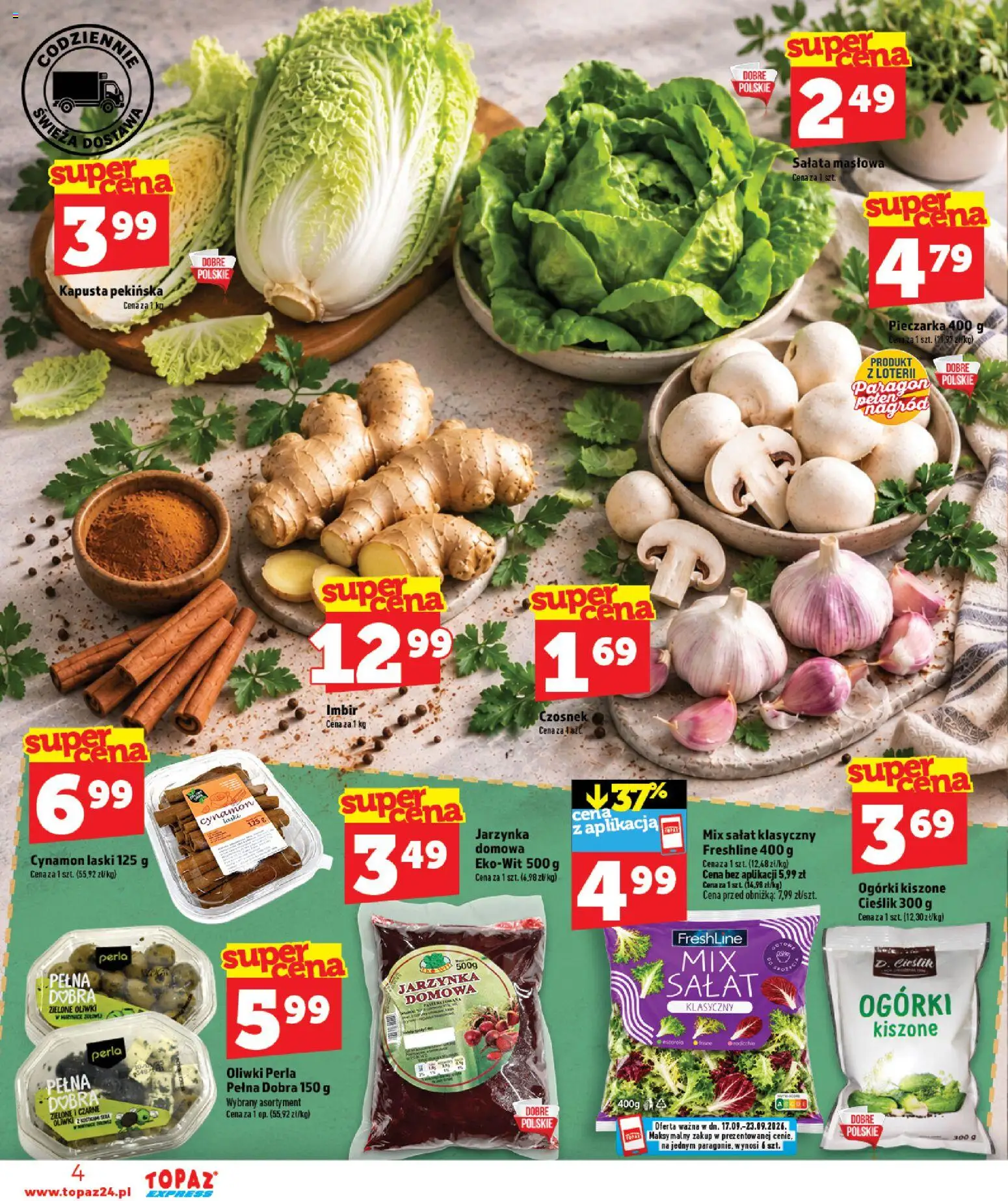Topaz gazetka - Express od 17.09.2026 | Strona: 4 | Produkty: Czosnek, Kapusta, Sałata, Ogórki kiszone