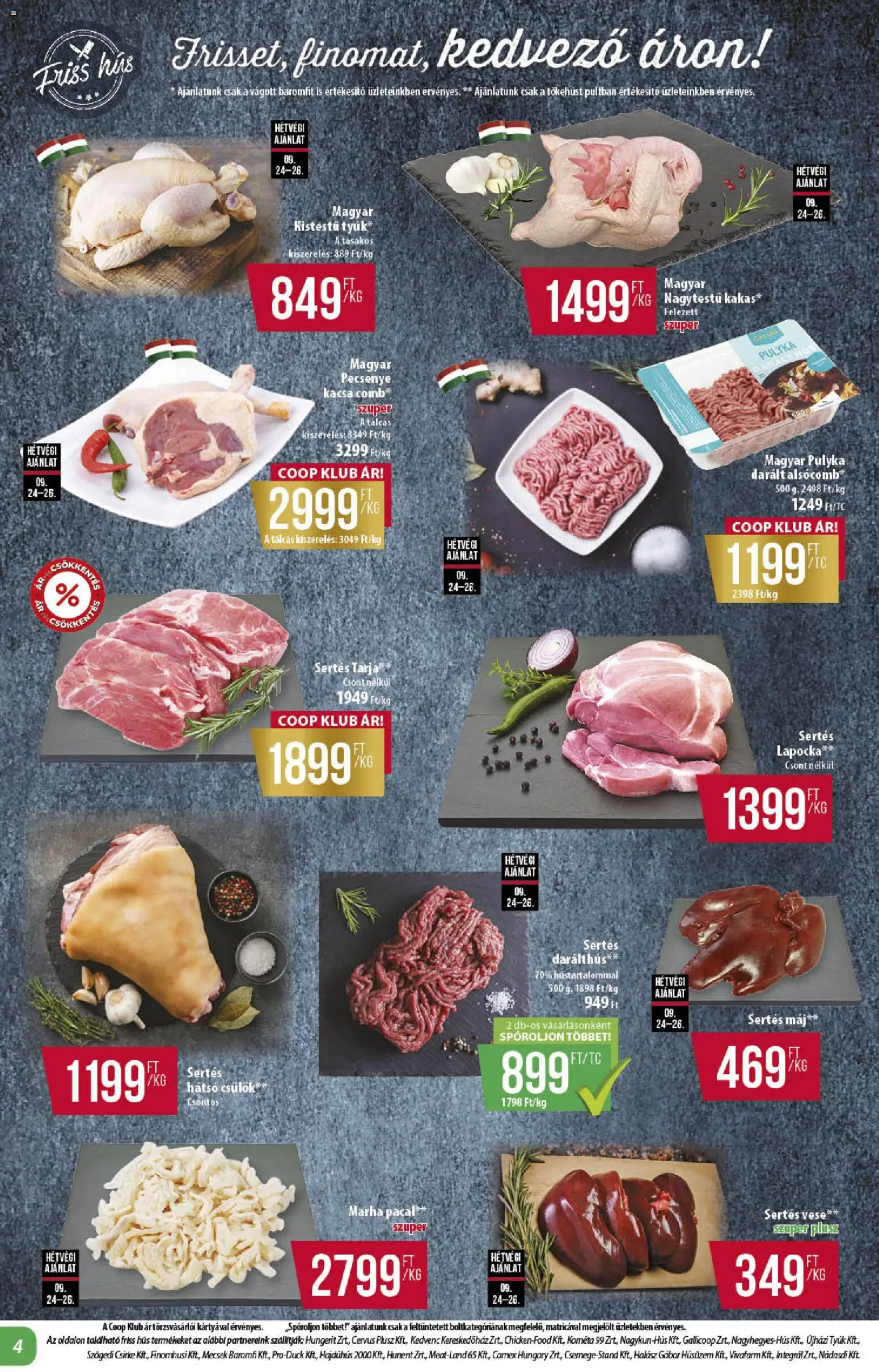 COOP akciós ujság - amely érvényes a következő dátumtól: 2026.09.24. | Oldal: 4 | Termékek: Hús, Sertés lapocka, Csirke, Tyúk