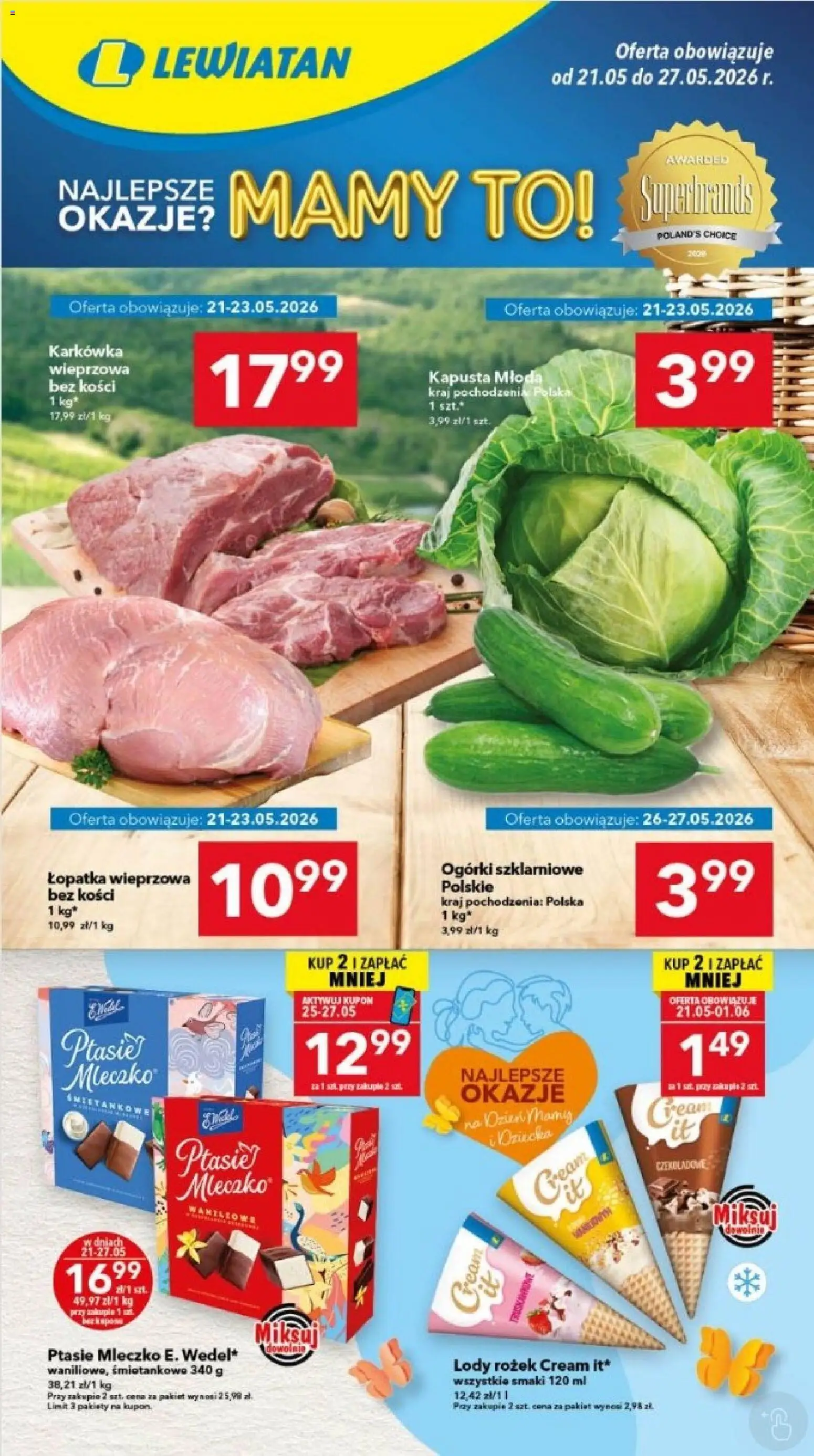 Lewiatan gazetka - Legnica od 21.05.2026 | Strona: 1 | Produkty: Karkówka, Karkówka wieprzowa, Ogórki, Lody