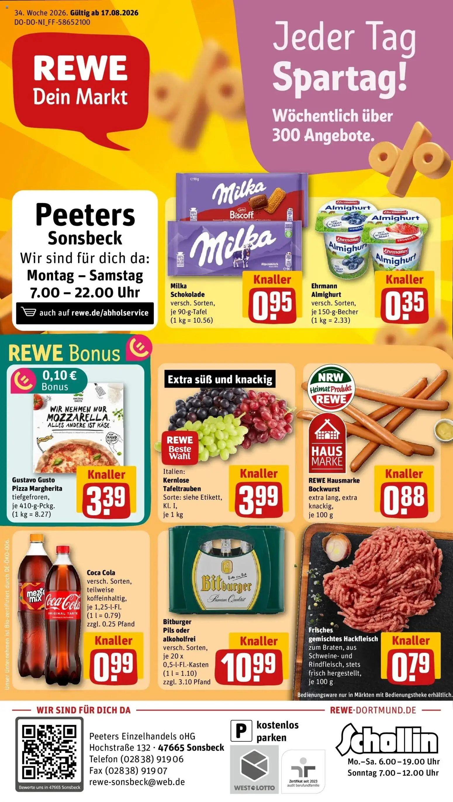 REWE Prospekt ab 17.08.2026 zum Blättern » Angebote | Seite: 1 | Produkte: Bitburger, Ehrmann almighurt, Milka schokolade, Pils