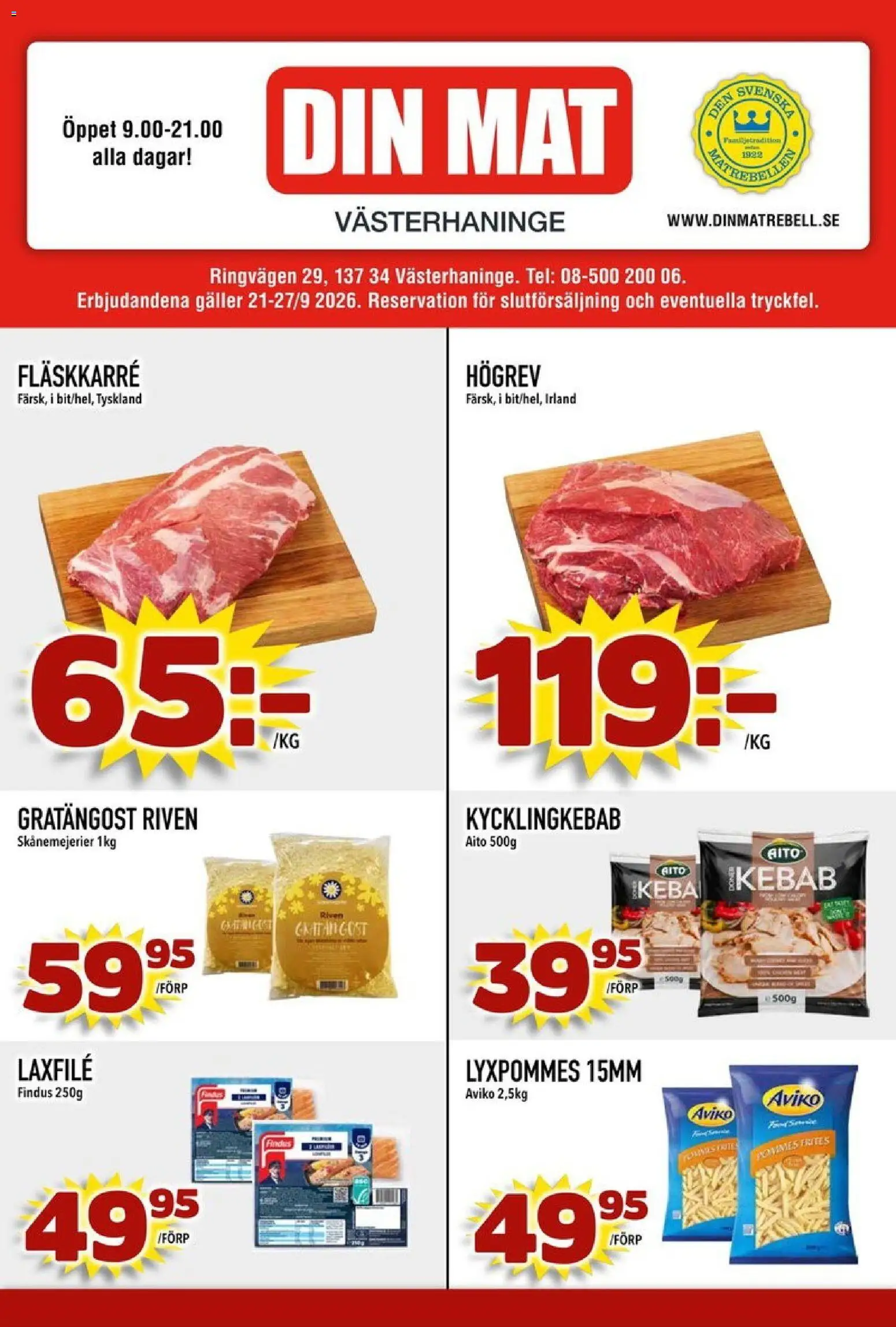 Din Mat reklamblad aktuell från 21/09/2026 | Sida: 1 | Produkter: Galler, Fläskkarré, Pommes frites, Laxfilé