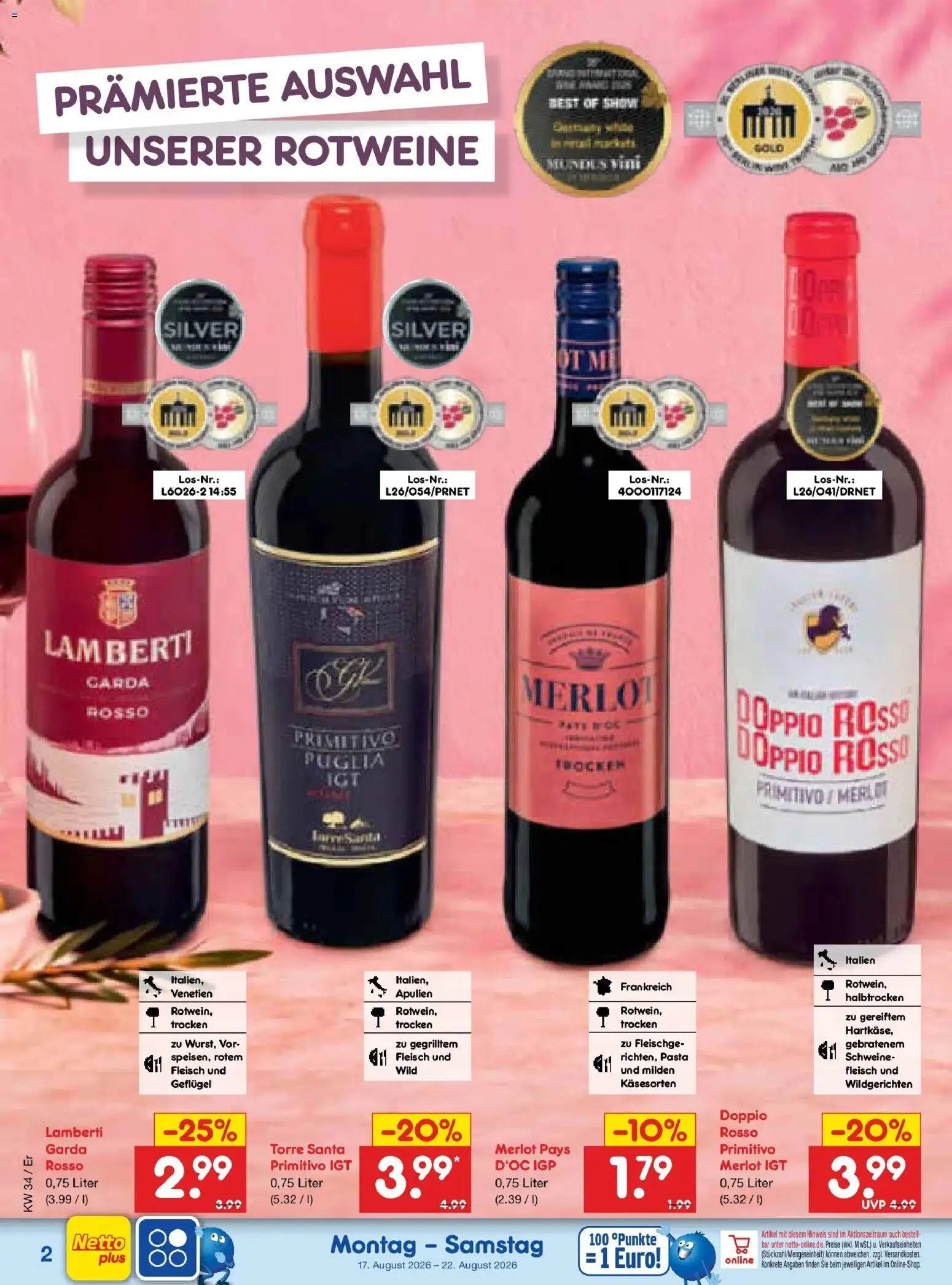 Netto Marken-Discount Prospekt Nordhausen – gültig ab 17.08.2026 | Seite: 44 | Produkte: Merlot, Pasta, Fleisch