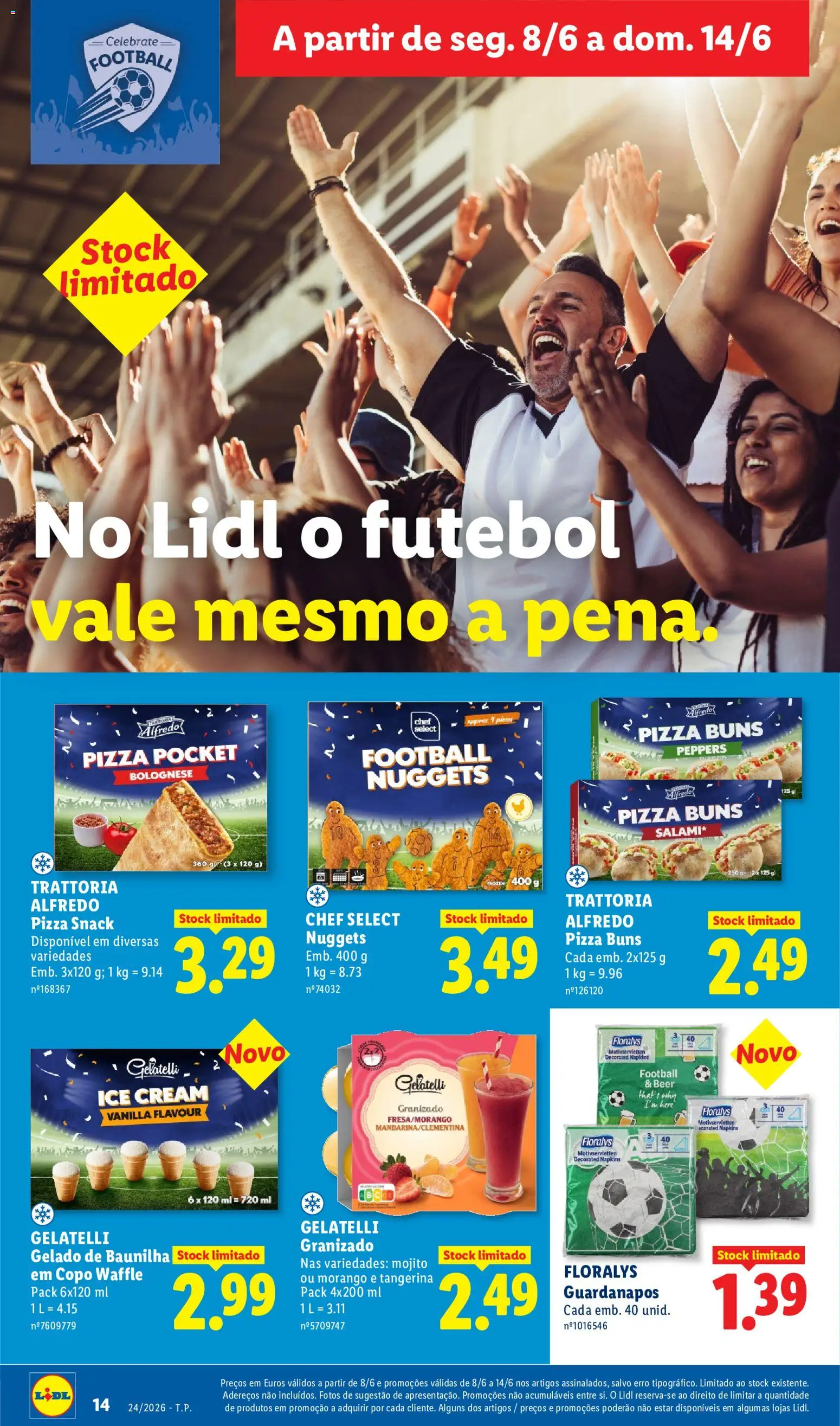 Lidl folheto │ válido de 08.06.2026 | Página: 14 | Produtos: Guardanapos, Gelado, Pizza, Nuggets