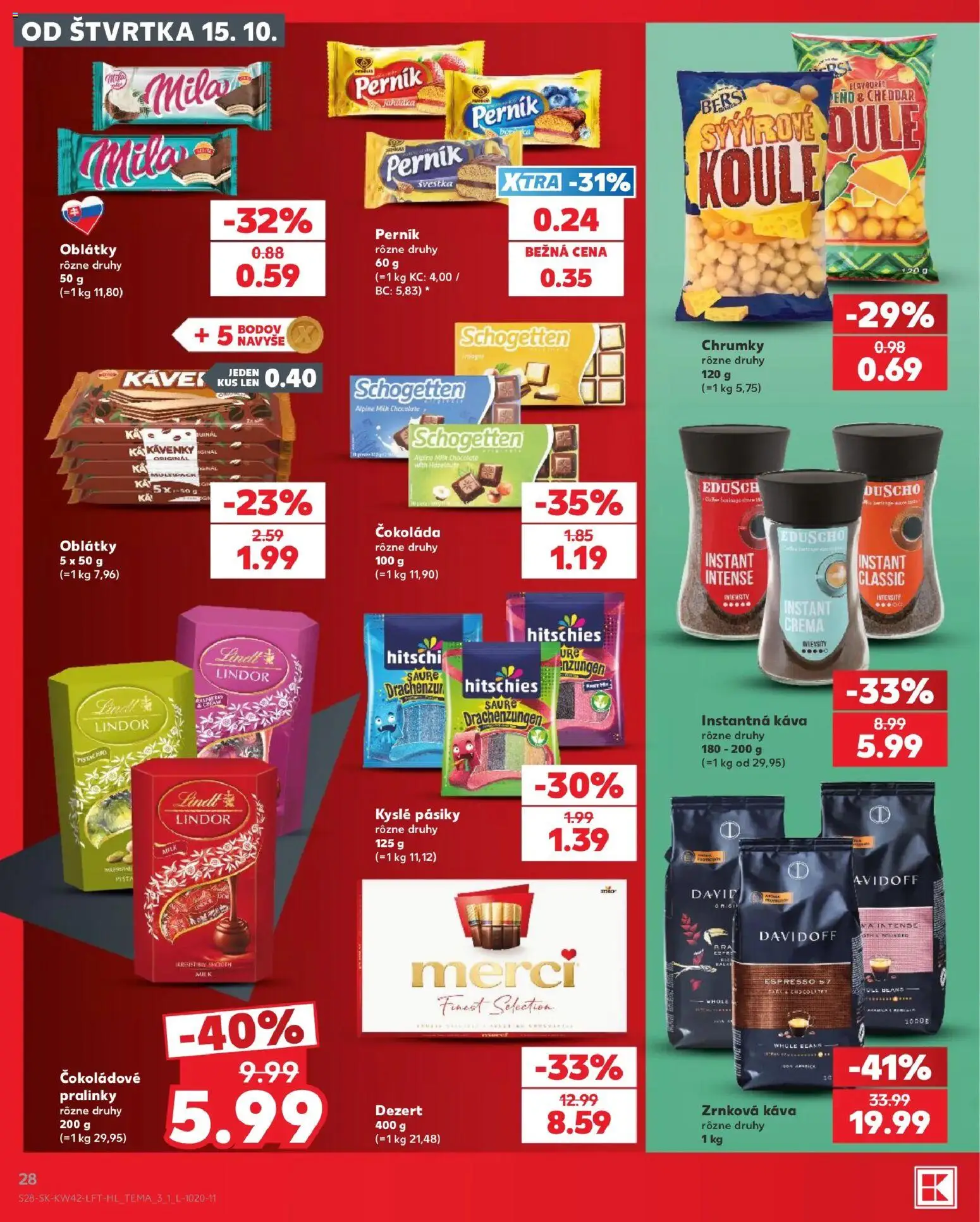 Kaufland SK akciós ujság - amely érvényes a következő dátumtól: 2026.10.15. | Oldal: 28 | Termékek: Merci, Schogetten, Lindor, Lindt
