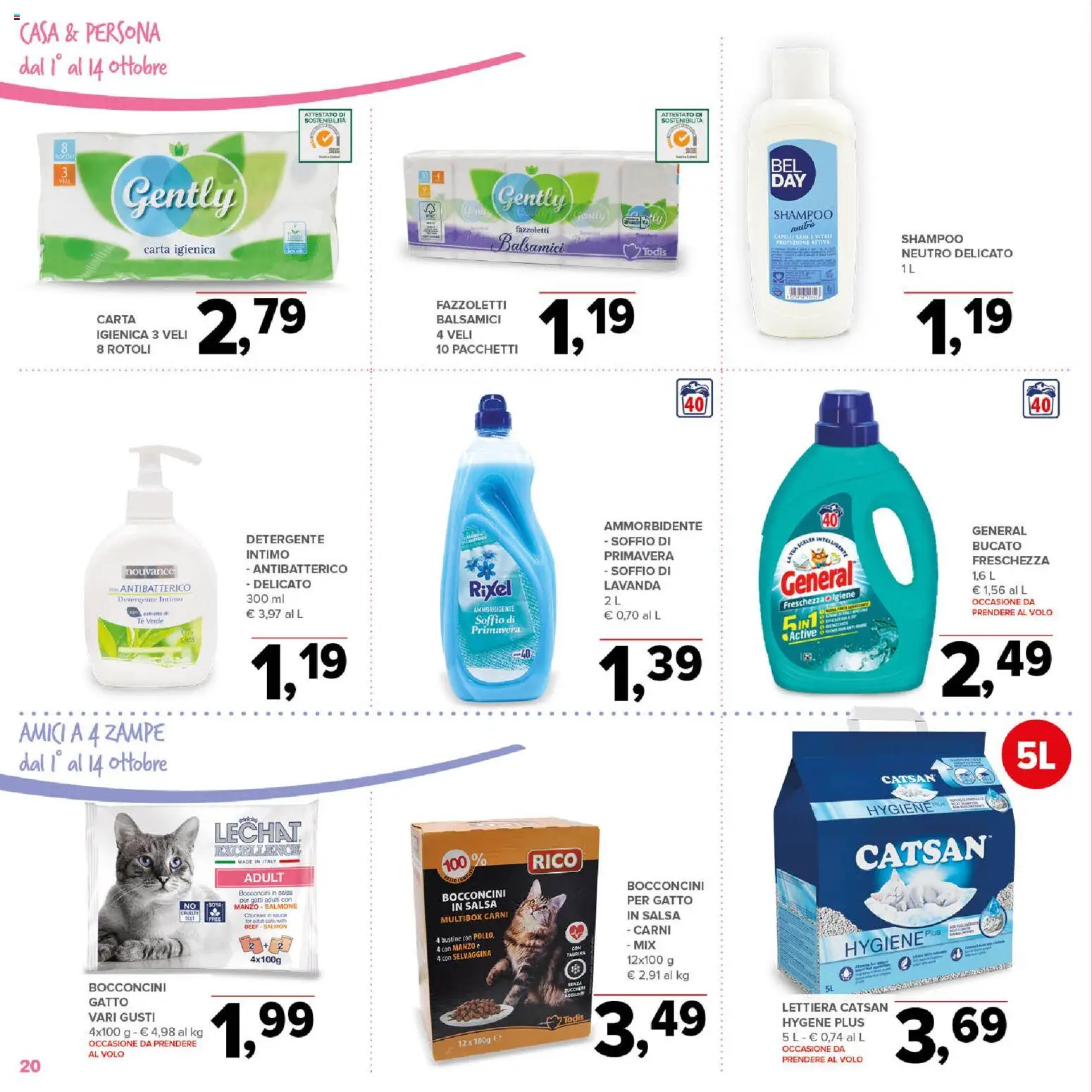 Volantino Todis del 01/10/2026 | Pagina: 20 | Prodotti: Shampoo, Pollo, Salmone, Detergente intimo