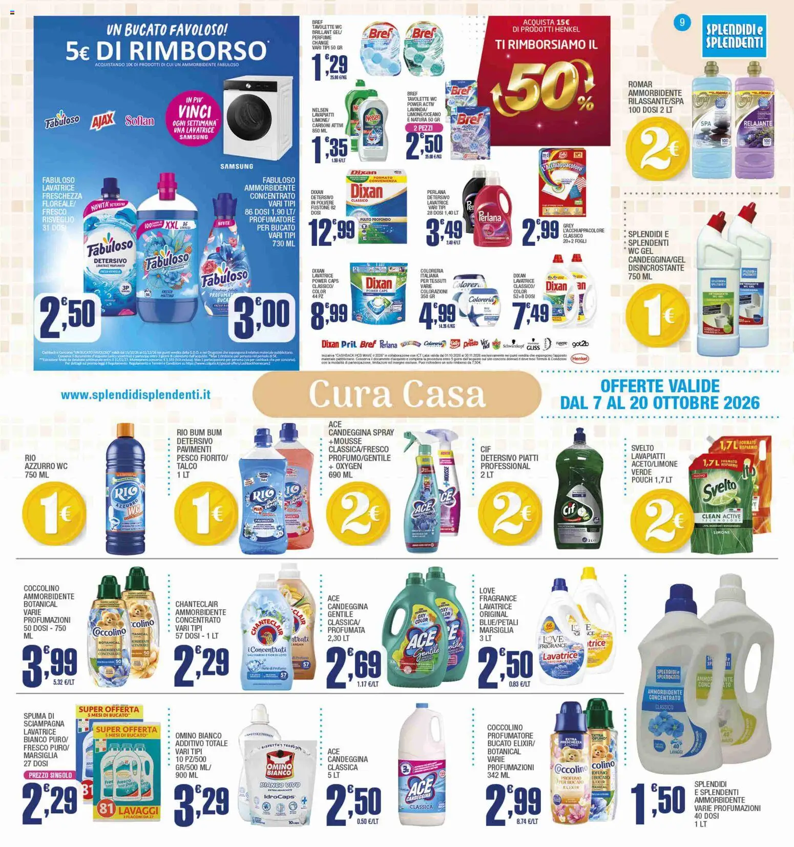 Volantino Splendidi e Splendenti del 07/10/2026 | Pagina: 9 | Prodotti: Candeggina, Talco, Limone, Lavatrice