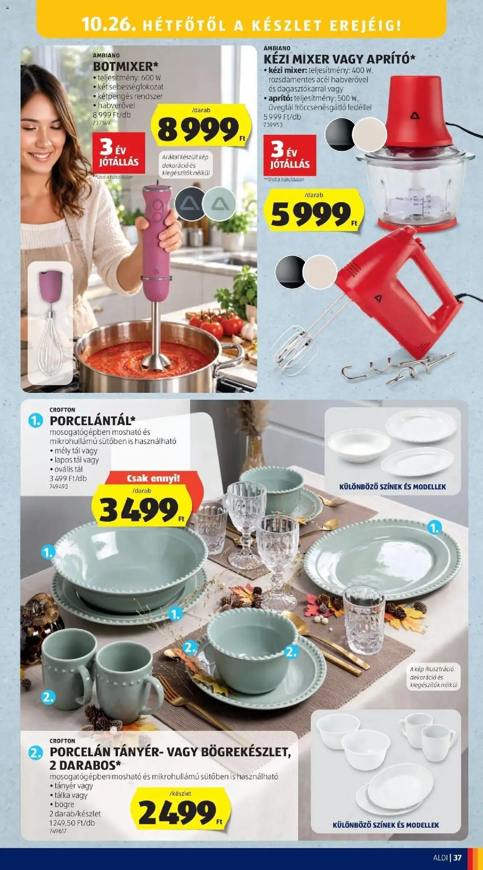 Aldi akciós ujság - amely érvényes a következő dátumtól: 2026.10.17. | Oldal: 37 | Termékek: Kézi mixer, Aprító, Bögre, Tányér