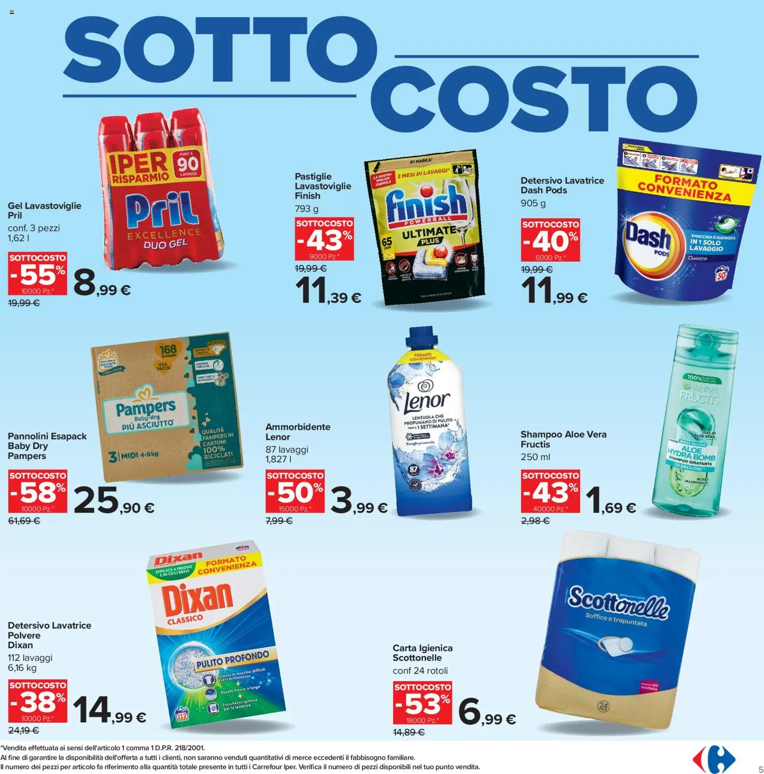 Volantino Carrefour del 04/09/2026 | Pagina: 5 | Prodotti: Shampoo, Ammorbidente, Lavastoviglie, Lenzuola
