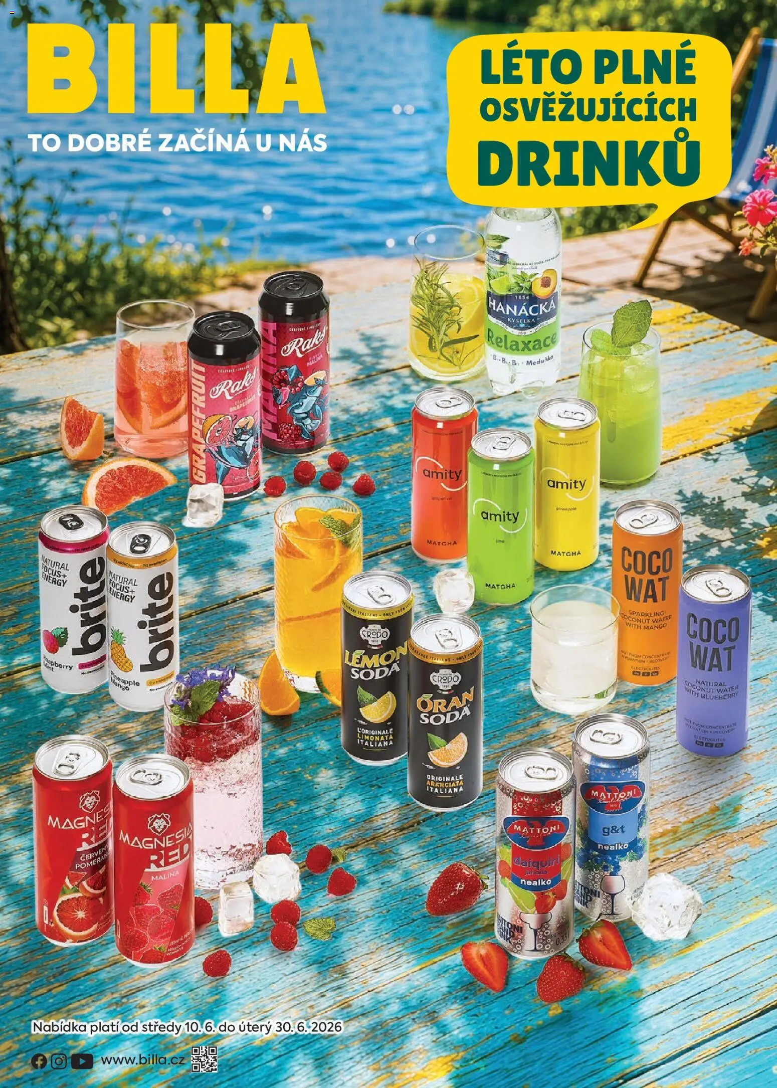 Billa leták - Léto plné osvěžujících drinků od 10.06.2026 | Strana: 1 | Produkty: Hanácká kyselka, Mattoni, Magnesia, Matcha