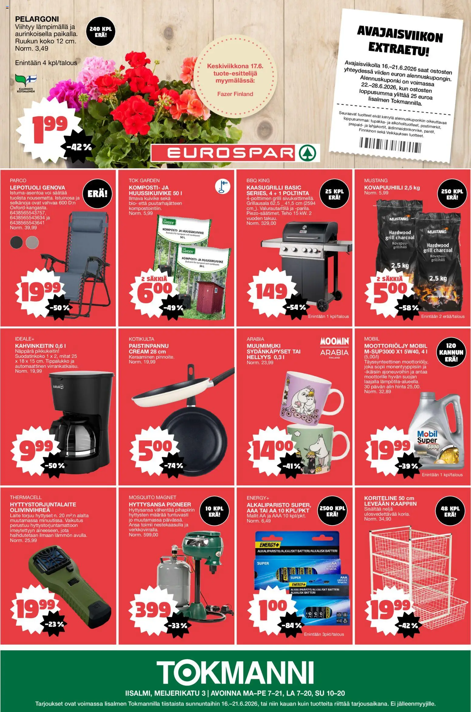 Tokmanni - EUROSPAR avautuu – voimassa 16.06.2026 alkaen | Sivu: 8 | Tuotteet: Grilli, Moottoriöljy, Komposti, Voi