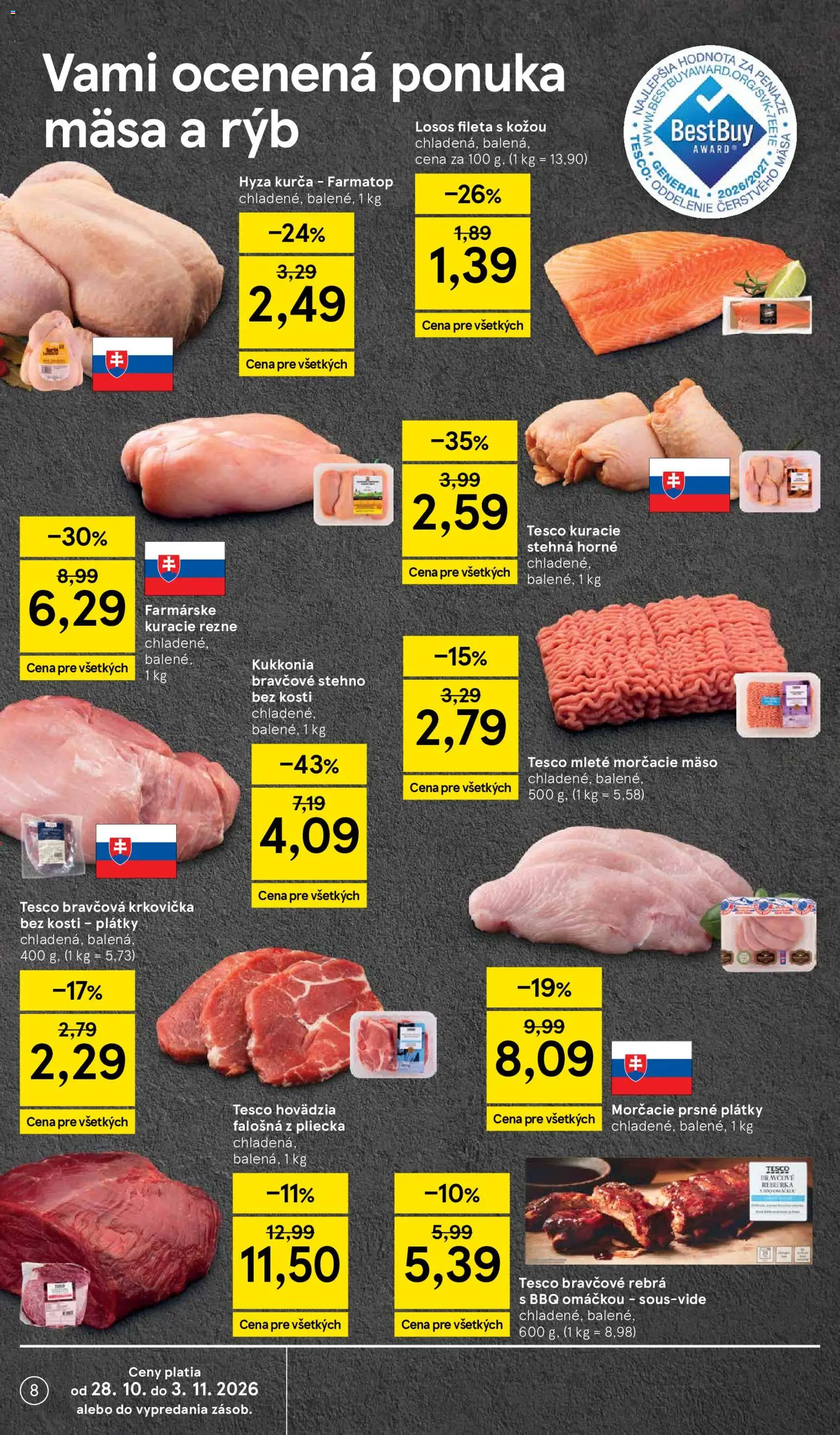 Nové Tesco akcie – leták je platný od 28.10.2026 | Strana: 8 | Produkty: Bravčové rebrá, Mäso, Kurča, Stehná