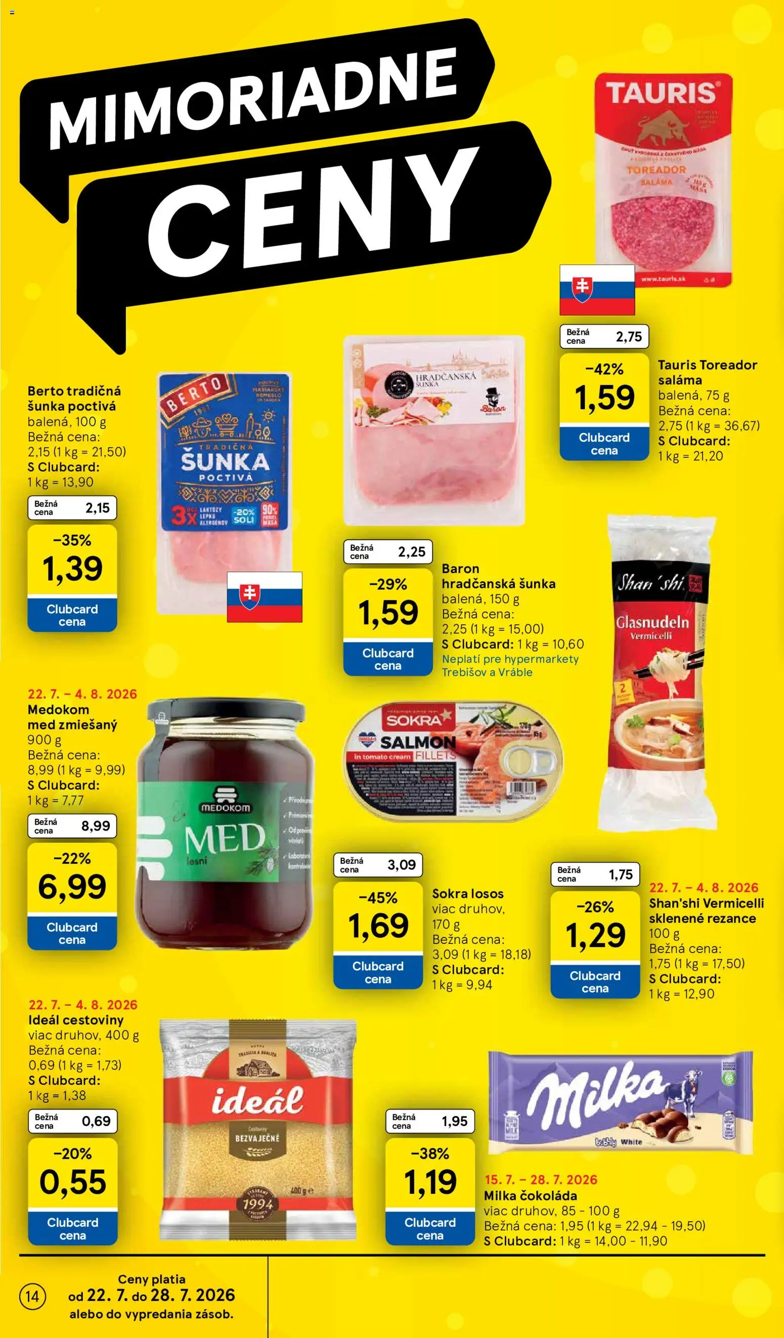 Nové Tesco akcie – leták je platný od 22.07.2026 | Strana: 14 | Produkty: Saláma, Sklenené rezance, Losos, Milka