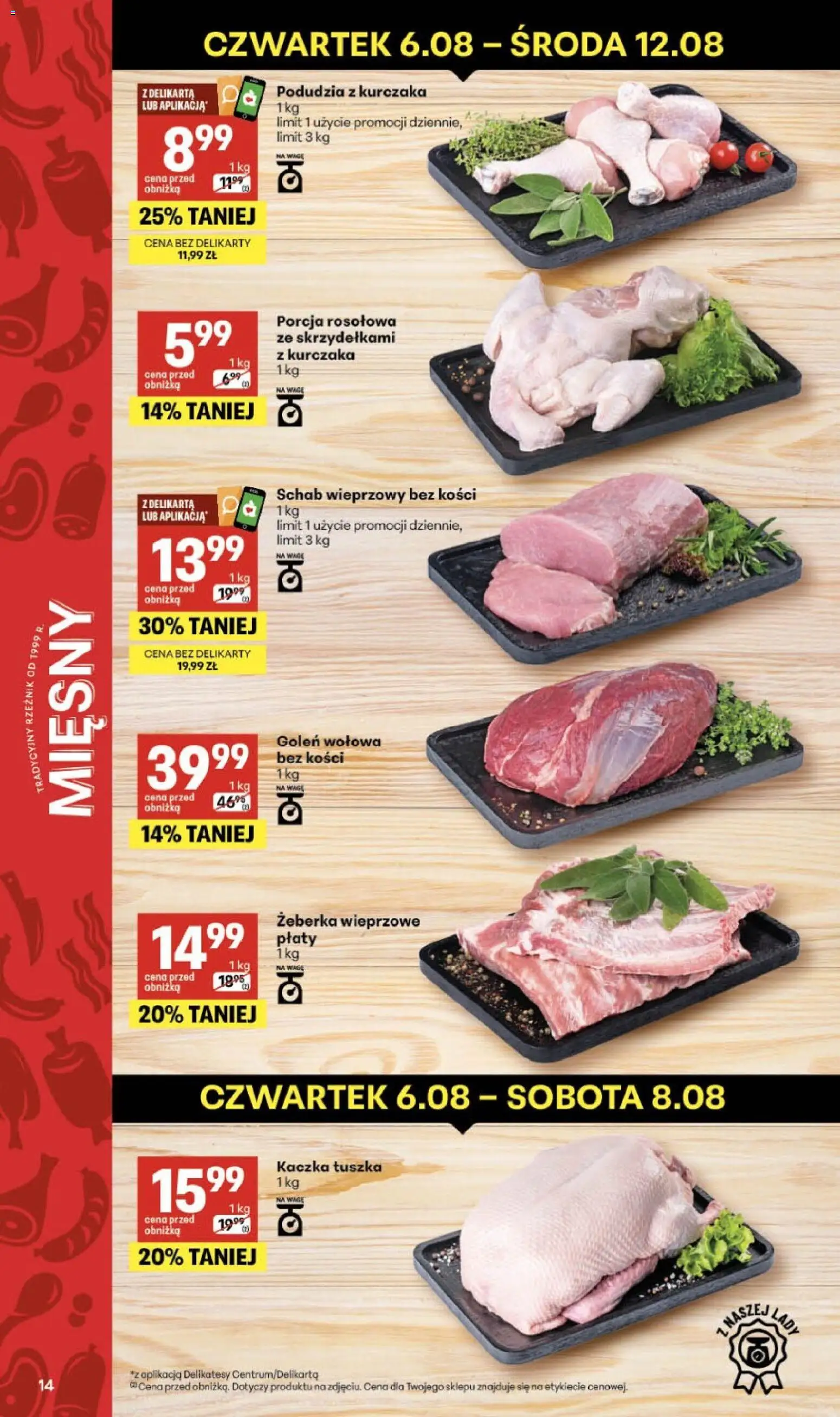 Delikatesy Centrum gazetka - Sklepy Własne od 06.08.2026 | Strona: 14 | Produkty: Schab, Schab wieprzowy, Kaczka, Delikatesy