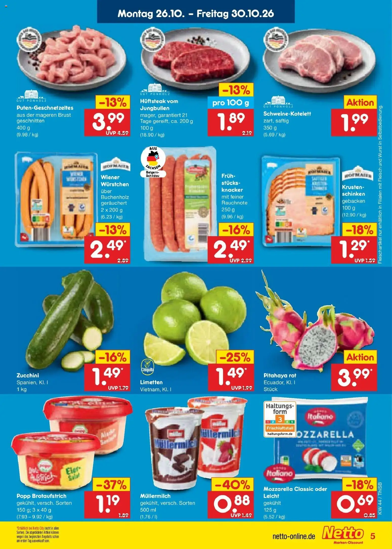 Netto Marken-Discount Prospekt Pirna (ab 26.10.2026) » Angebote | Seite: 11 | Produkte: Limetten, Mozzarella, Müllermilch, Fleisch
