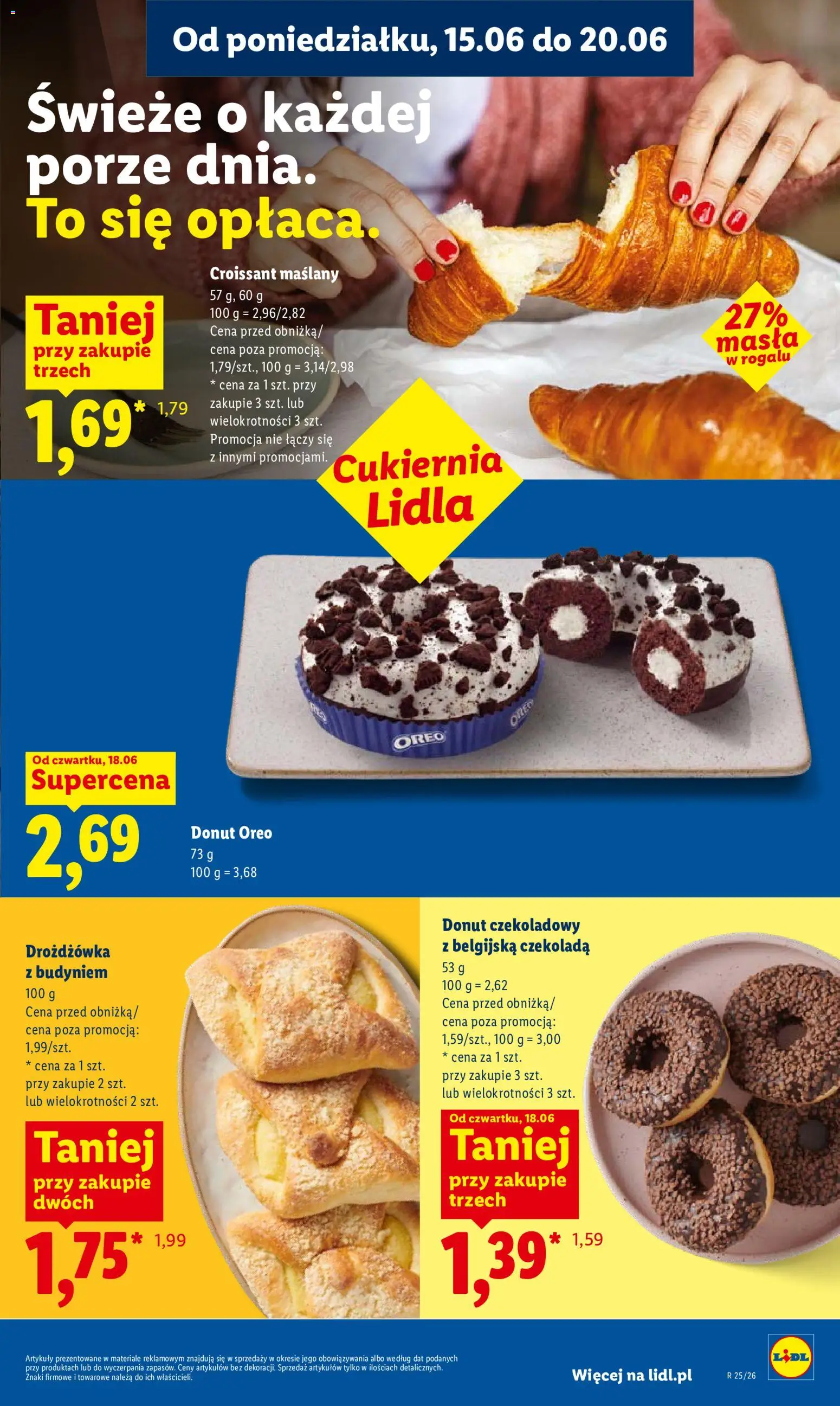 Lidl gazetka od 18.06.2026 | Strona: 45 | Produkty: Drożdżówka z budyniem, Donut Oreo, Donut, Czekolada