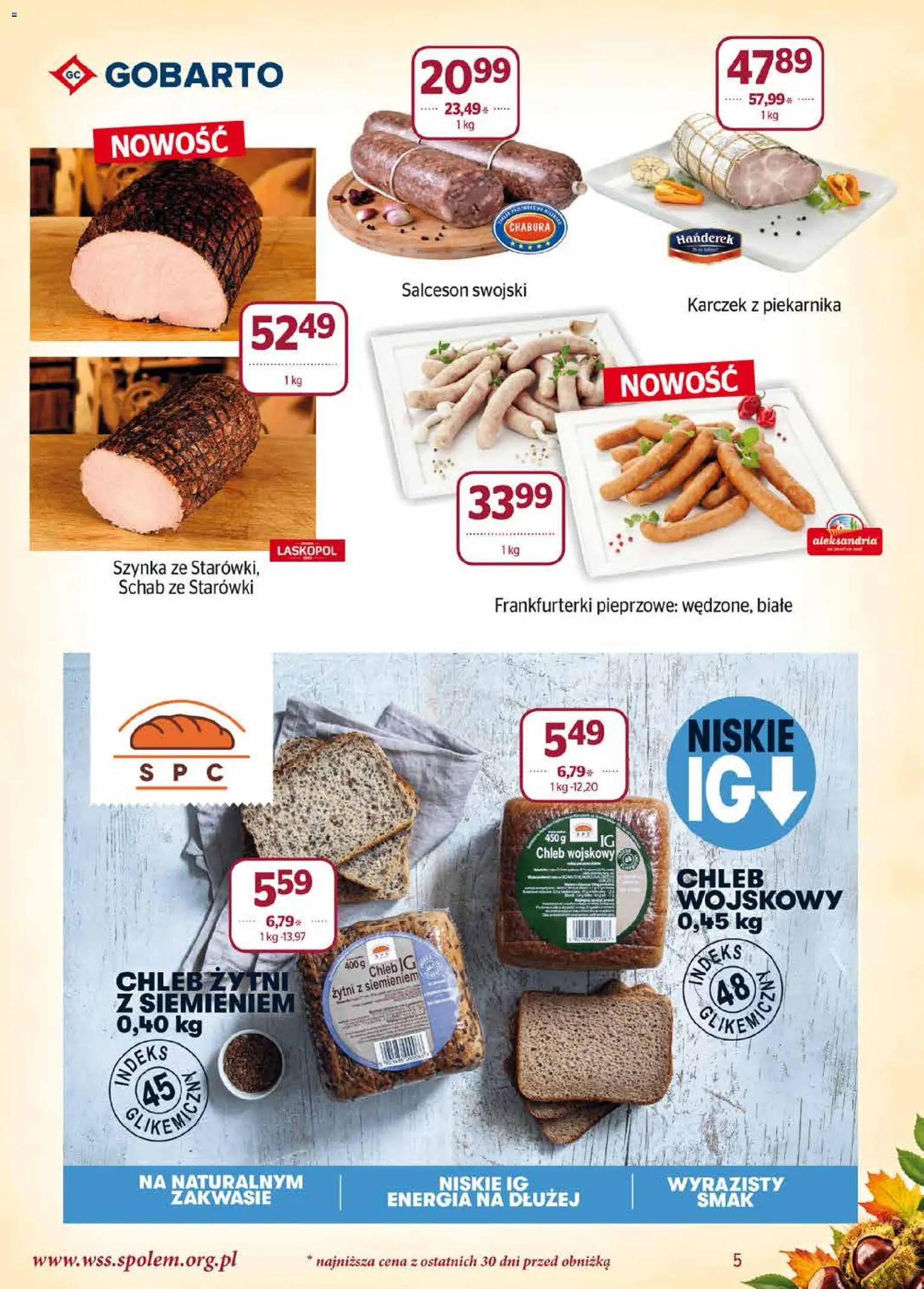 Społem gazetka od 01.10.2026 | Strona: 5 | Produkty: Schab, Karczek, Frankfurterki, Salceson