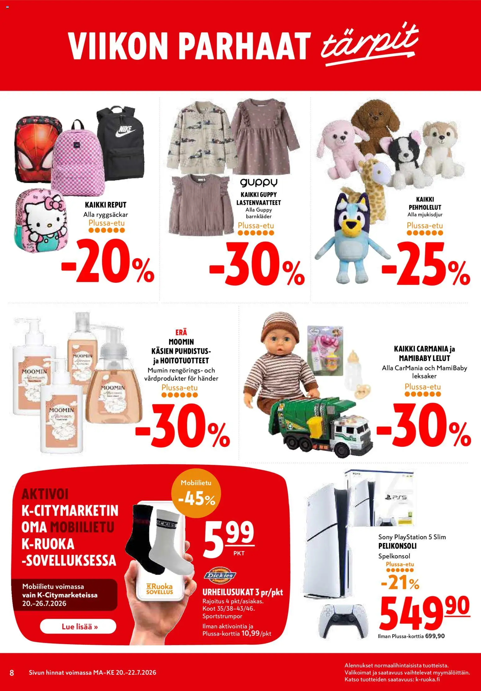 K-Citymarket tarjoukset – voimassa 20/07/2026 alkaen | Sivu: 8 | Tuotteet: Pehmolelut, Pelikonsoli, Playstation