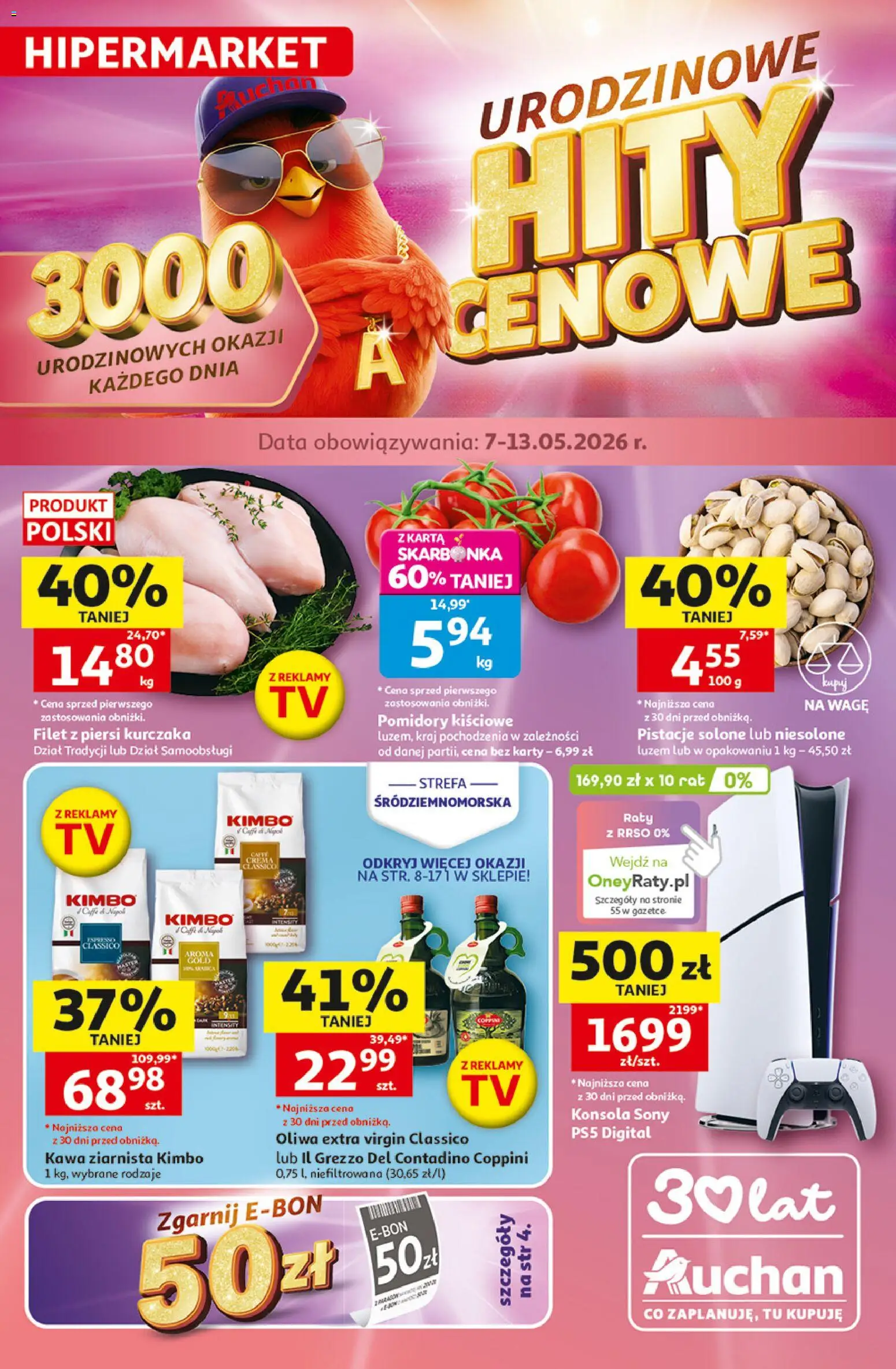 Auchan gazetka - 30 Lat Hipermarket od 07.05.2026 | Strona: 1 | Produkty: Piersi, Kawa ziarnista, Filet z piersi kurczaka, Pomidory