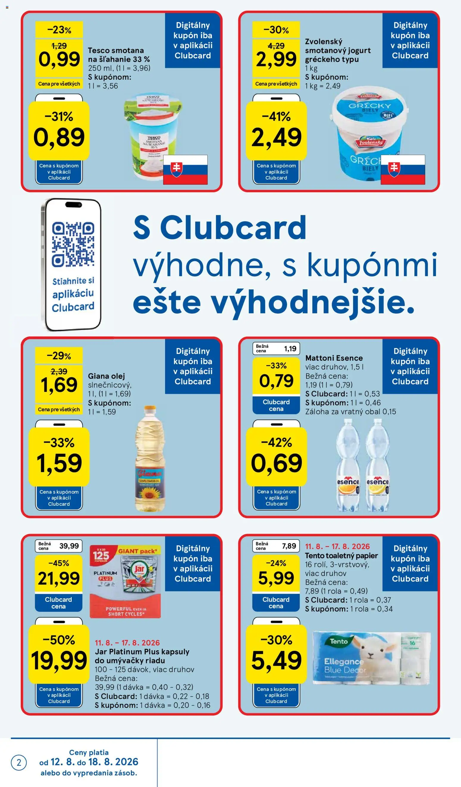 Nové Tesco akcie – leták je platný od 12.08.2026 | Strana: 2 | Produkty: Olej, Smotana na šľahanie 33 %, Smotanový jogurt, Smotana na šľahanie