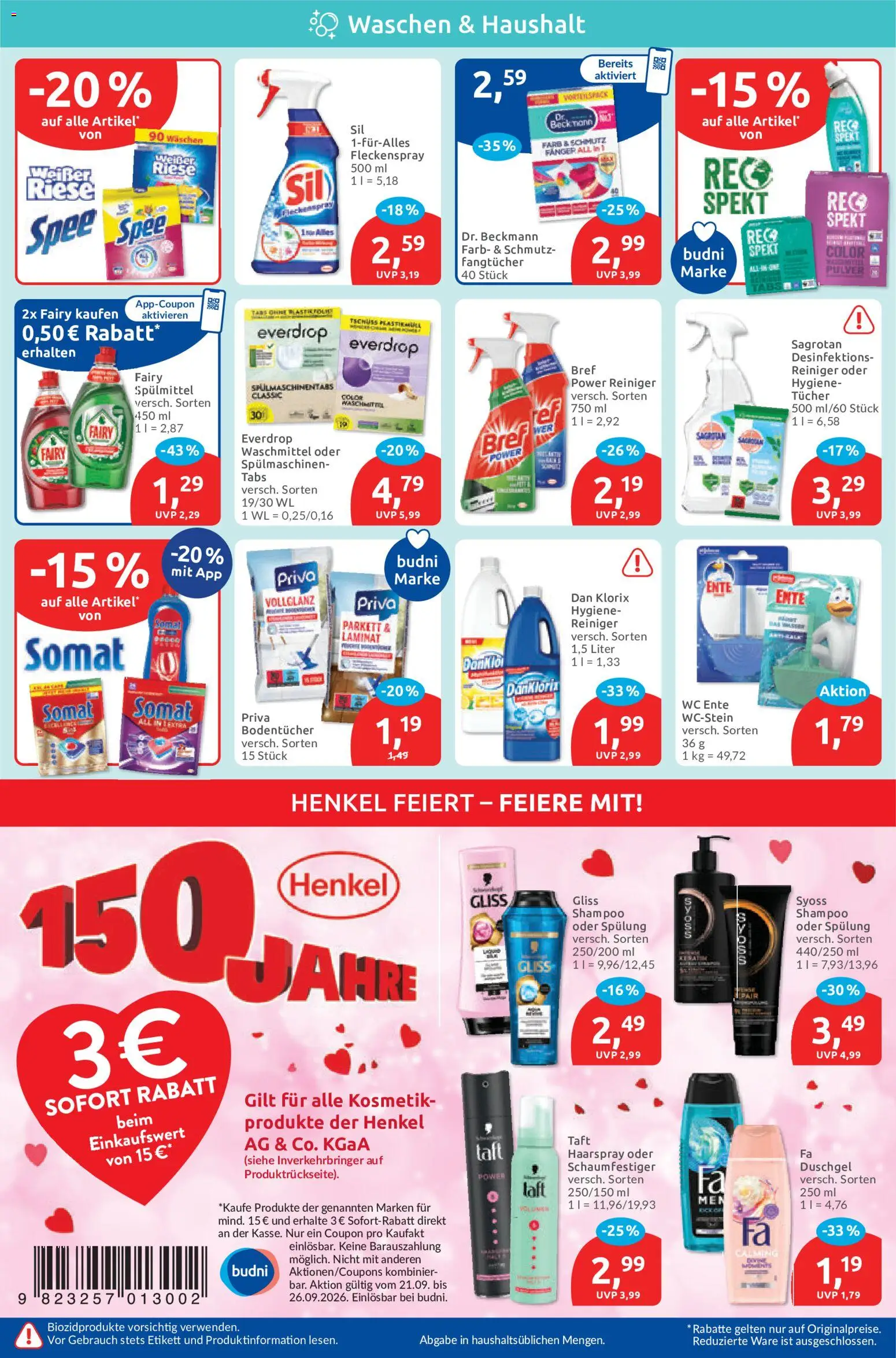Budni Prospekt – gültig ab 21.09.2026 | Seite: 4 | Produkte: Haarspray, Duschgel, Waschmittel, Ente