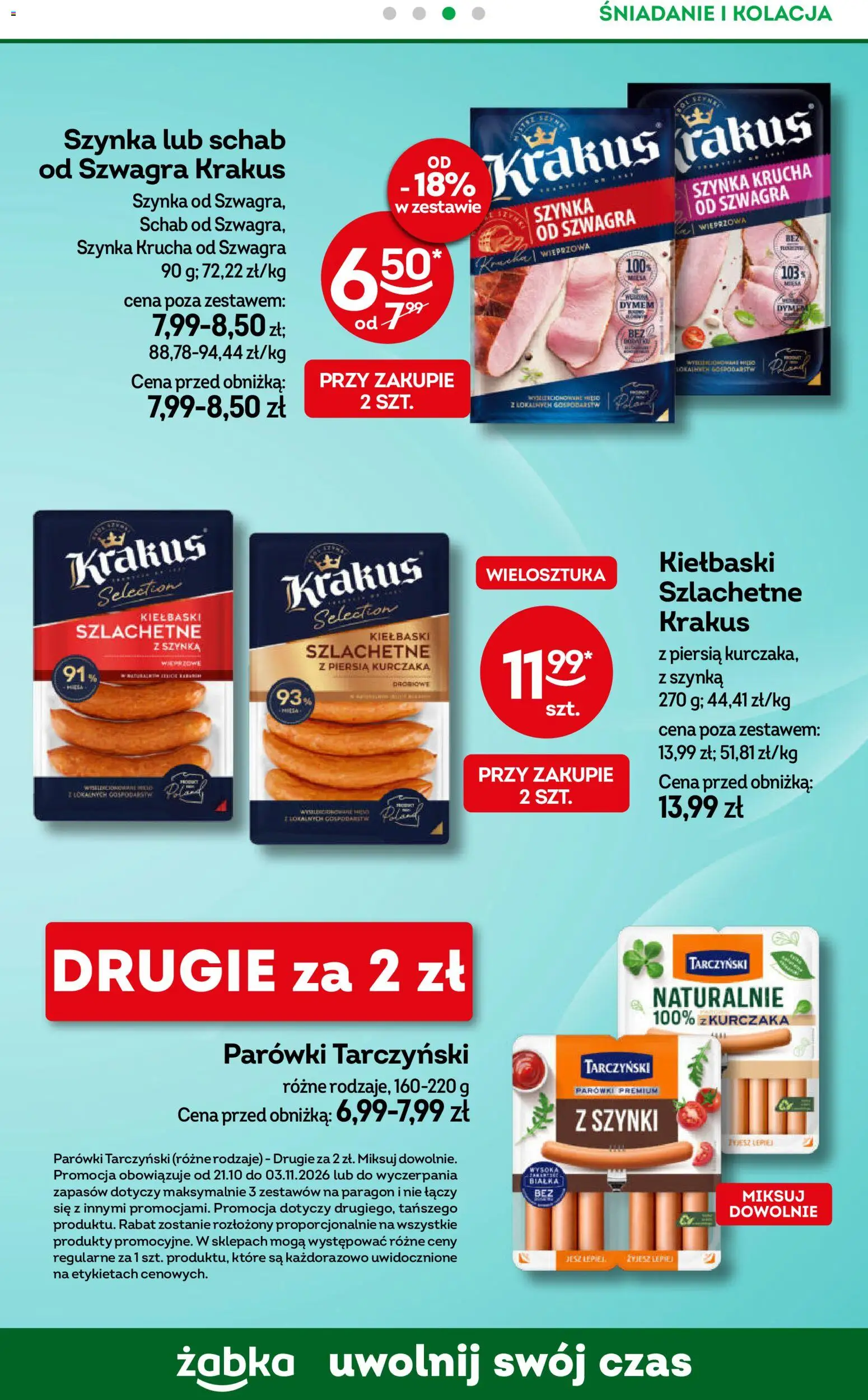 Żabka gazetka - Codzienne produkty od 21.10.2026 | Strona: 13 | Produkty: Schab, Parówki, Kiełbaski, Szynka