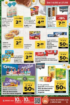 Vista previa Eroski Miramos por ti válido desde el 14.05.2026 | Página: 11 | Productos: Pan, Chocolate, Donuts, Φρυγανιές σικάλεως
