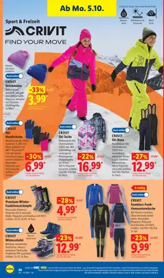 CRIVIT Ski-Hose, Wassersäule des Obermaterials: 3.000 mm. Verstellbare, elastische Hosen-träger. Erhöhter Nierenschutz. 100 % Polyester (recycelt). Größen: 134/140-158/164. Je Stück ab 05.10.2026 gültig | Seite: 14 | Produkte: Ski, Wasser, Hose, Handschuhe
