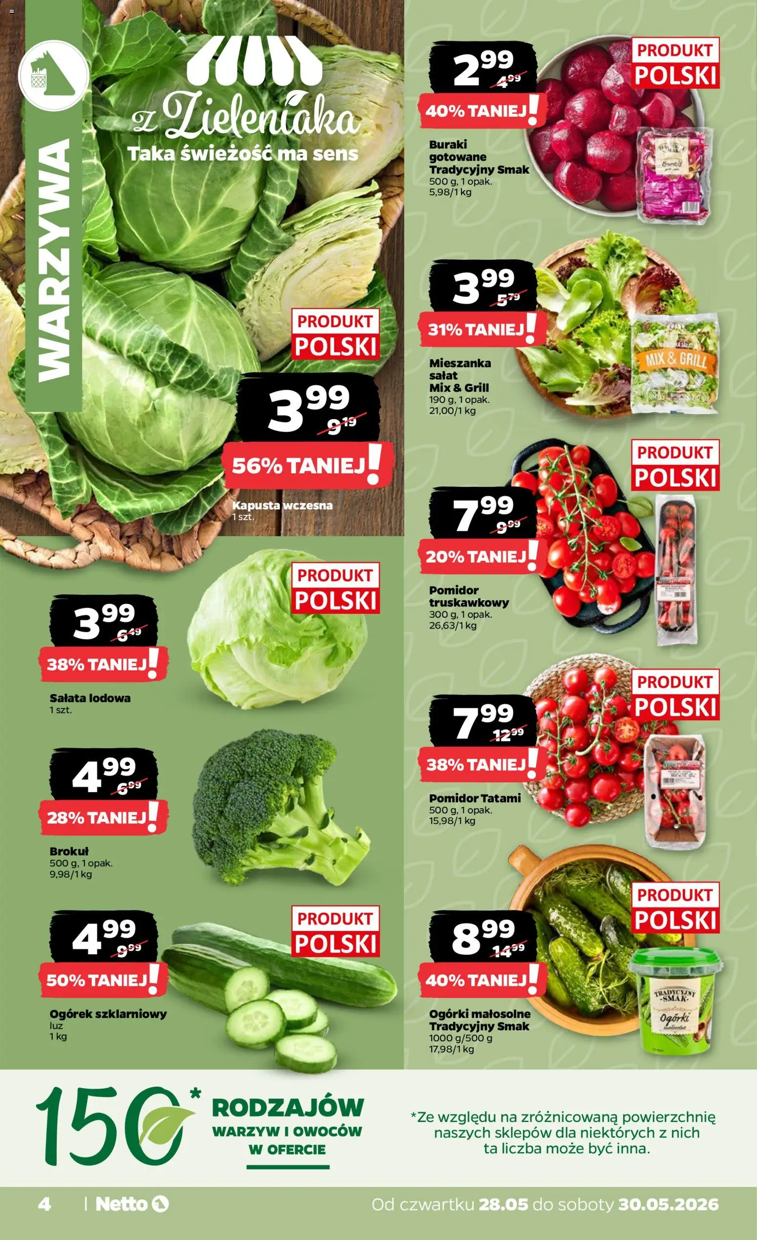 Netto gazetka od czwartku spożywcza od 28.05.2026 | Strona: 4 | Produkty: Brokuł, Buraki gotowane, Ogórki, Warzywa