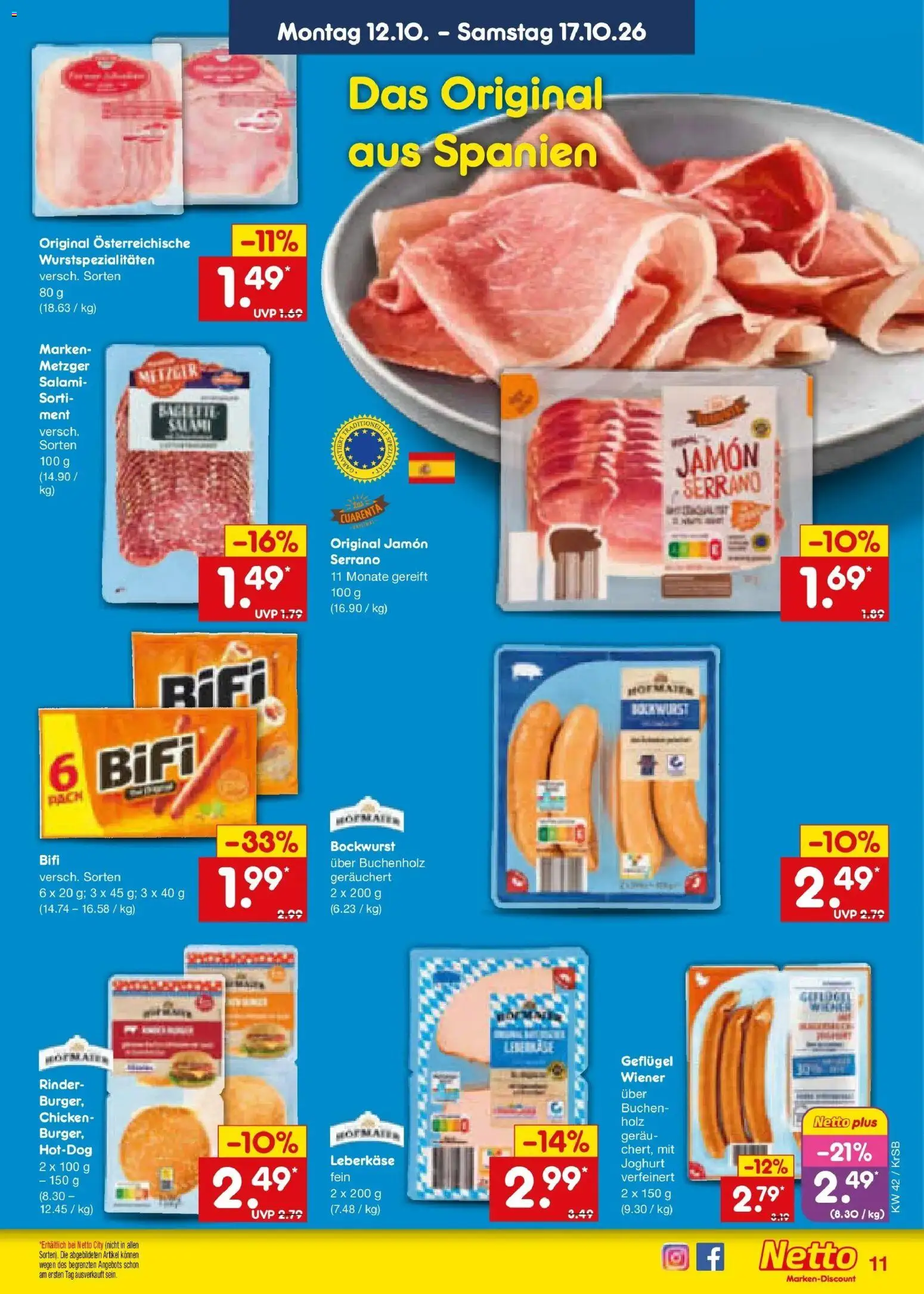 Netto Marken-Discount Prospekt Baesweiler (ab 12.10.2026) » Angebote | Seite: 13 | Produkte: Bockwurst, Joghurt, Bifi, Leberkase