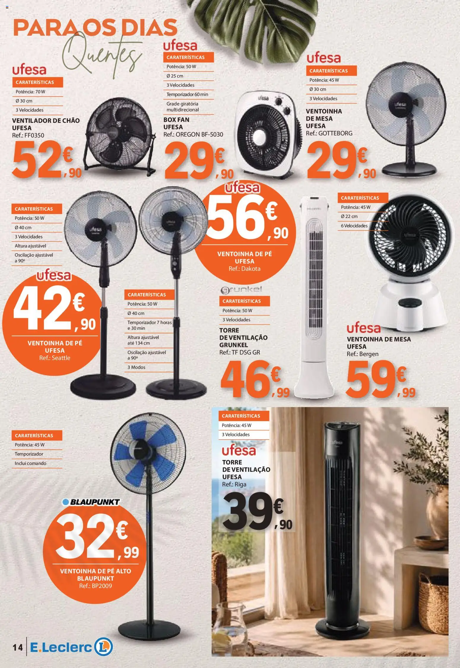 E.Leclerc folheto Especial Praia │ válido de 09.06.2026 | Página: 14 | Produtos: Ventilador, Mesa