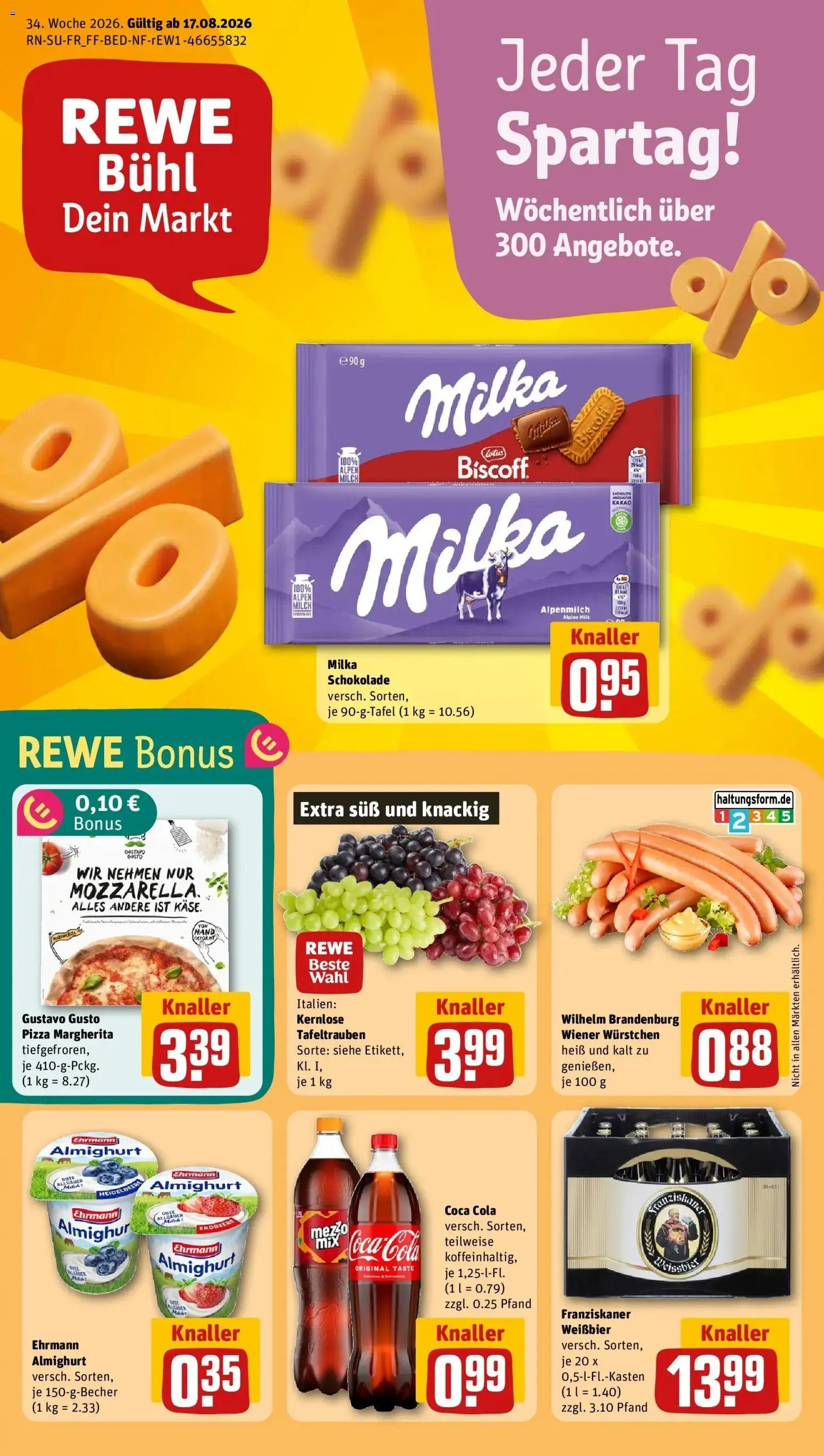 REWE Prospekt ab 17.08.2026 zum Blättern » Angebote | Seite: 1 | Produkte: Gustavo gusto, Franziskaner, Coca cola, Milka schokolade