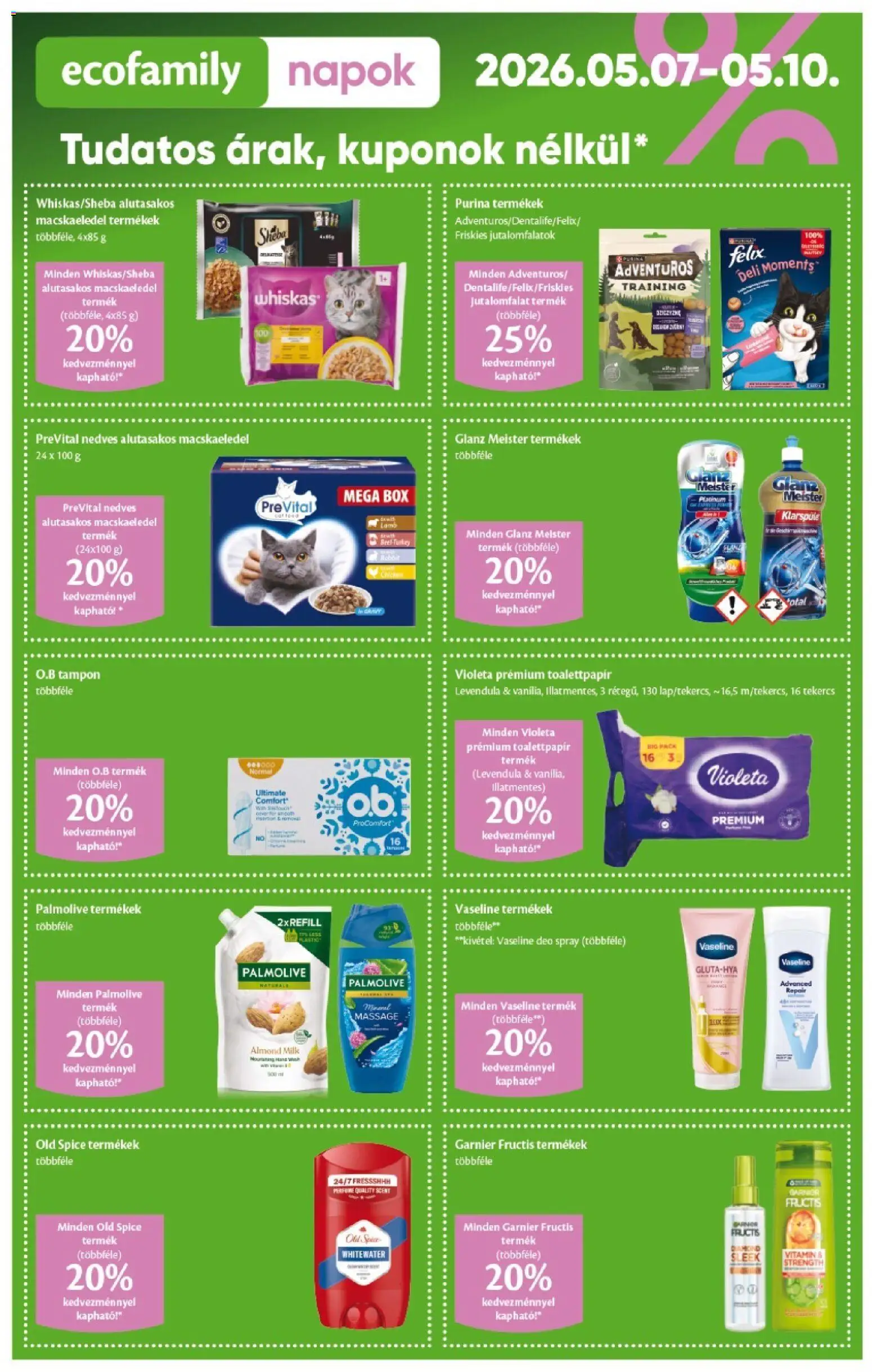 EcoFamily akciós ujság - amely érvényes a következő dátumtól: 07.05.2026 | Oldal: 3 | Termékek: Old spice, Macskaeledel, Whiskas, Levendula