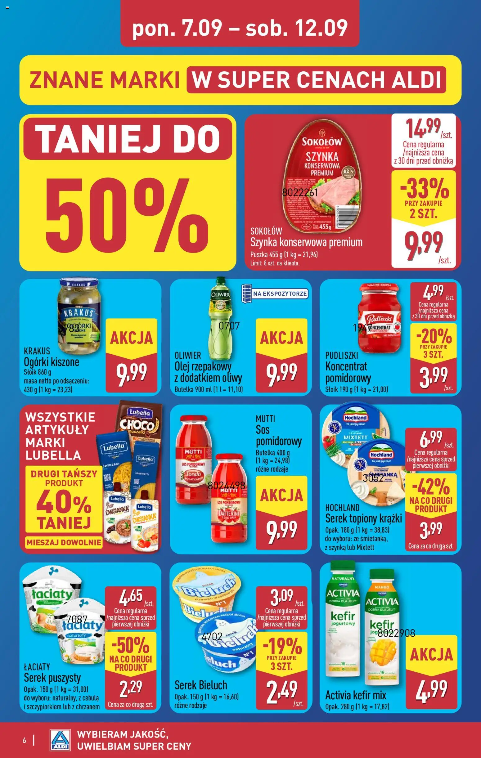 Aldi gazetka - Festiwal marek od 07.09.2026 | Strona: 6 | Produkty: Spaghetti, Owsianka, Olej, Ogórki