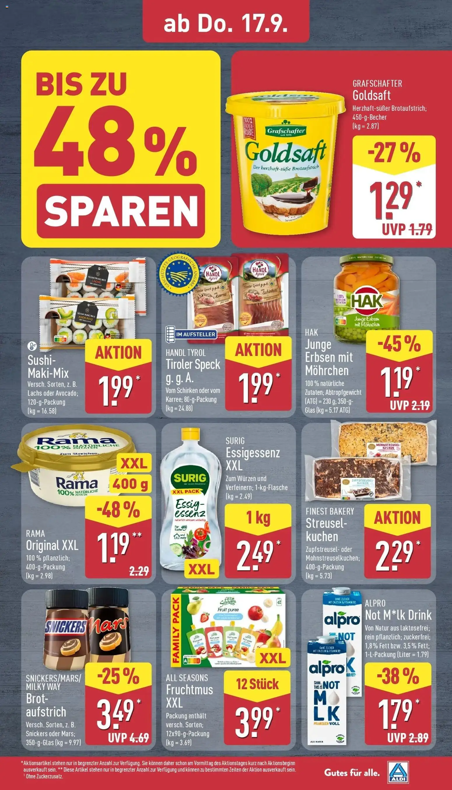 Aldi Aktueller Prospekt (ab 15.09.2026) » Angebote Online | Seite: 33 | Produkte: Essig, Lachs, Schinken, Kuchen