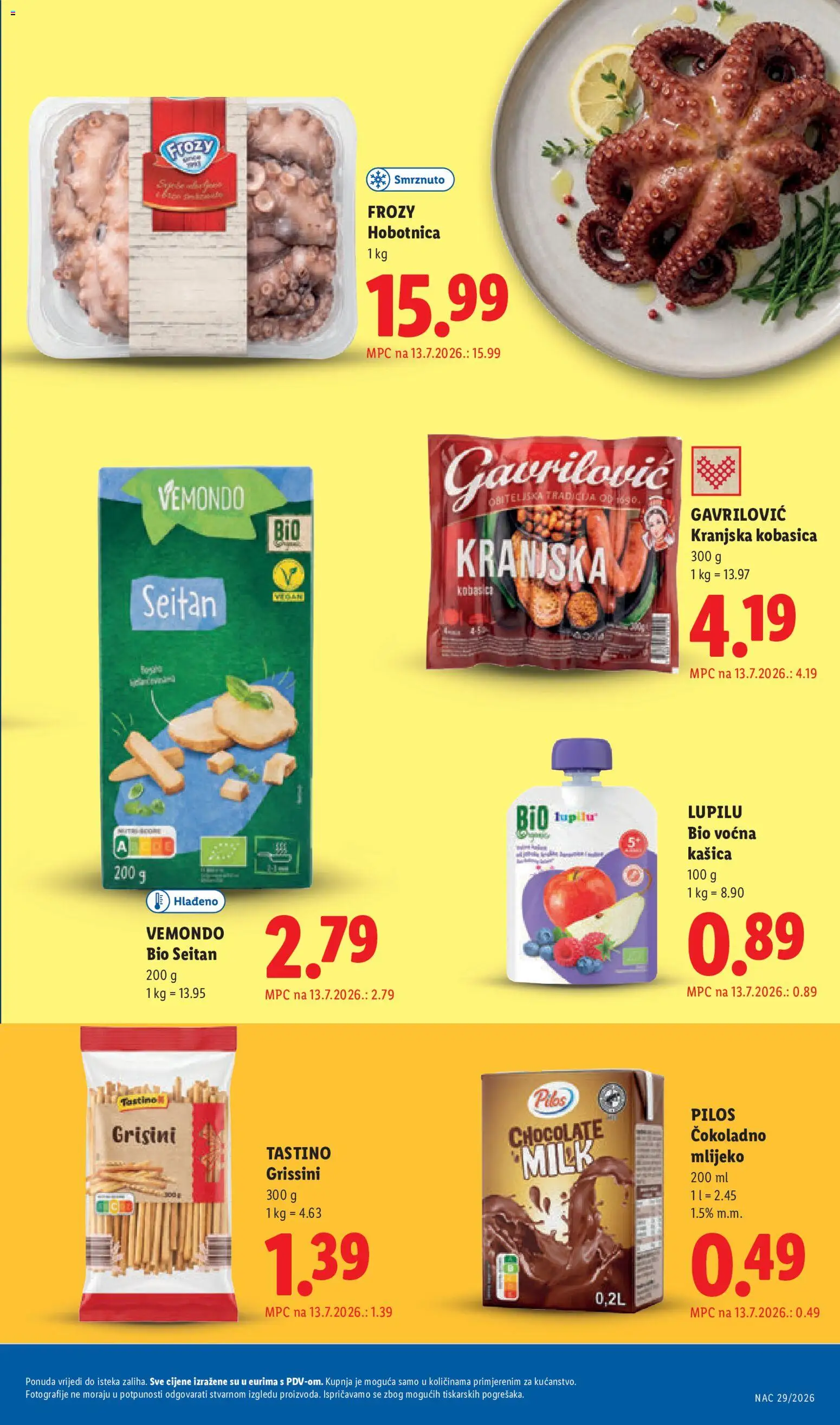 Lidl katalog | vrijedi od 13.07.2026 | Stranica: 23 | Proizvodi: Hobotnica, Mlijeko, Kranjska kobasica, Grisini