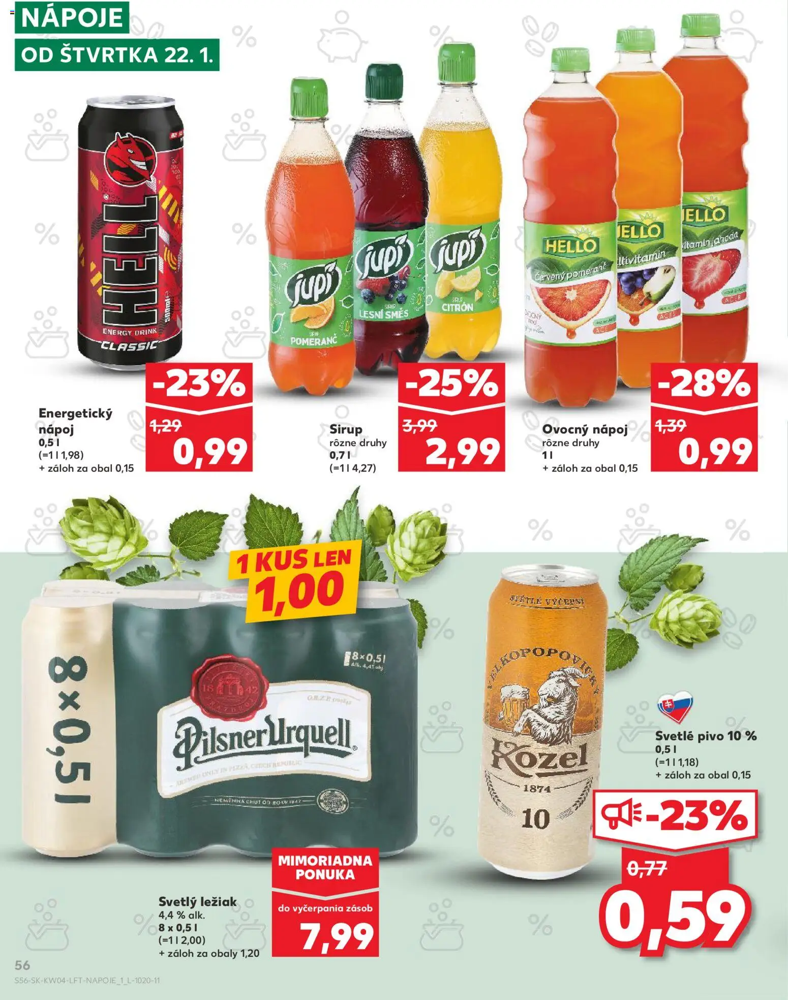 Nové Kaufland akcie – leták je platný od 22.01.2026 | Strana: 56 | Produkty: Pivo, Nápoje, Sirup, Energetický nápoj