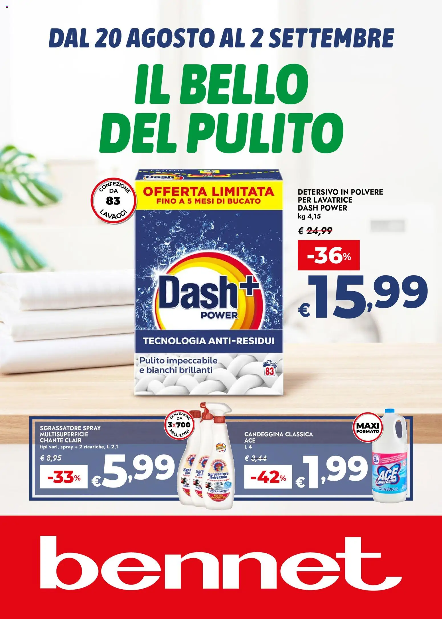 Volantino bennet del 20/08/2026 | Pagina: 1 | Prodotti: Detersivo in polvere, Candeggina, Sgrassatore, Lavatrice