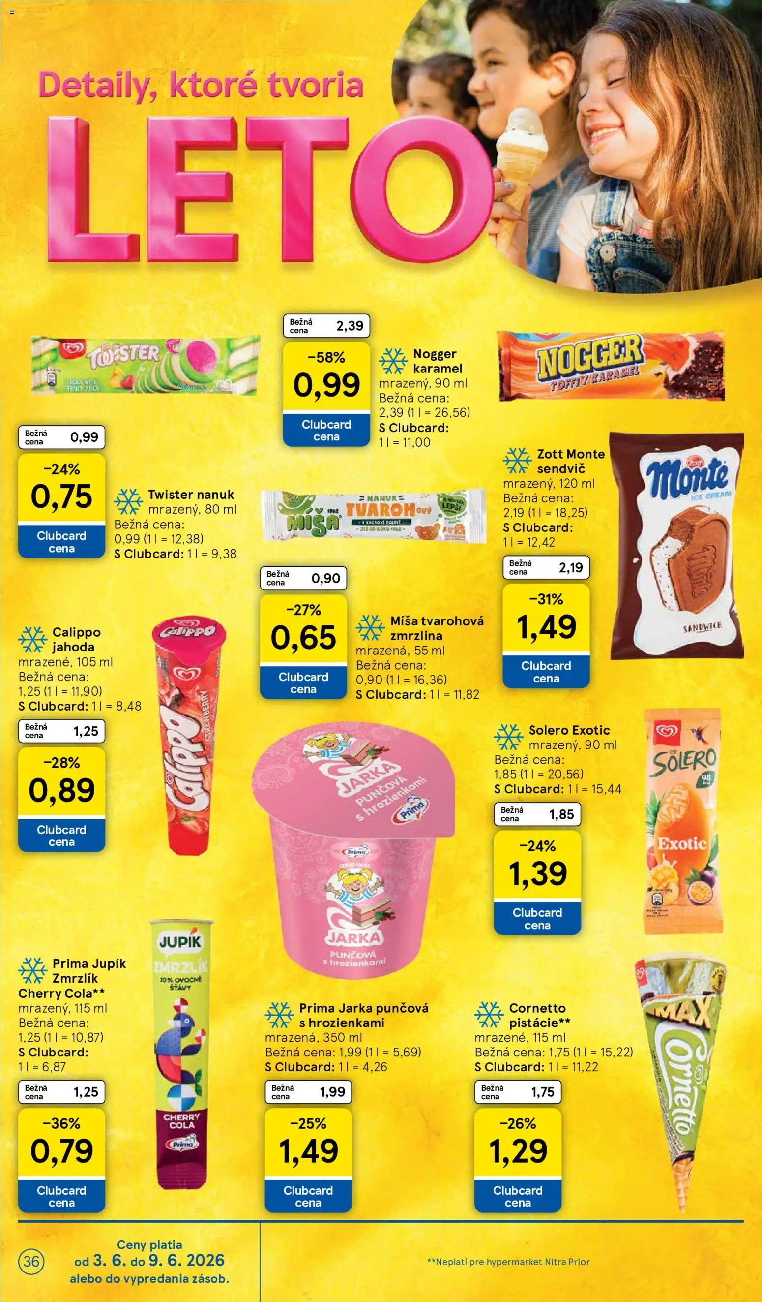 Nové Tesco akcie – leták je platný od 03.06.2026 | Strana: 36 | Produkty: Zmrzlina, Cola, Pistácie, Sendvič