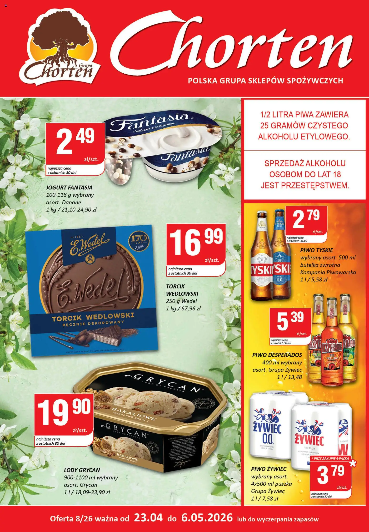 Chorten gazetka - Plakat od 23.04.2026 | Strona: 1 | Produkty: Piwo Desperados, Jogurt, Piwo, Lody