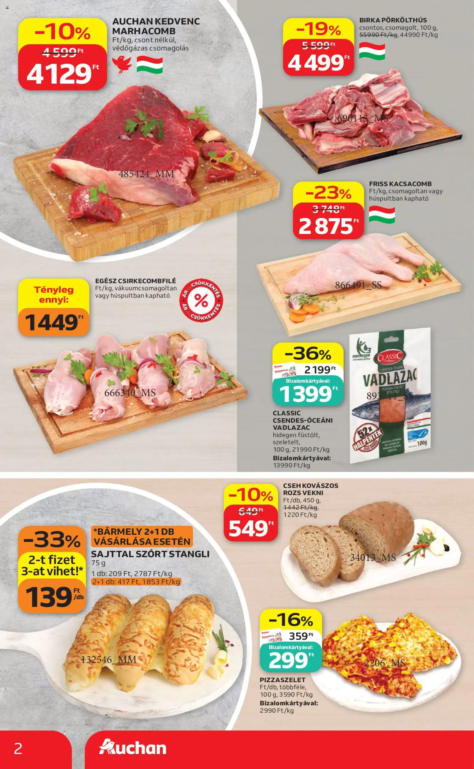 Auchan akciós ujság - amely érvényes a következő dátumtól: 2026.09.03. | Oldal: 2 | Termékek: Csirkecombfile, Omega, Marhacomb, Vekni