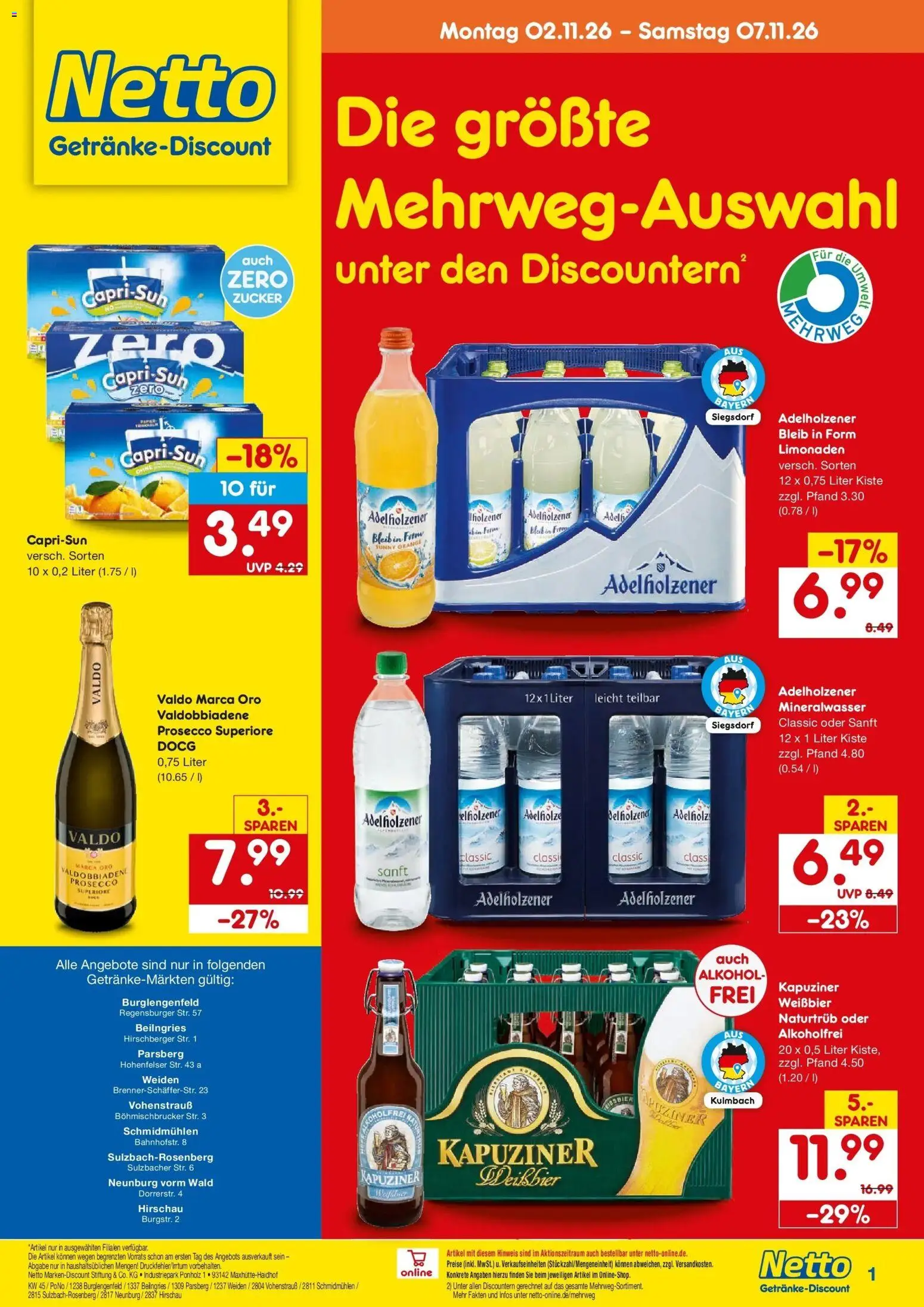 Netto Marken-Discount Prospekt Burglengenfeld – gültig ab 02.11.2026 | Seite: 1 | Produkte: Capri sun, Adelholzener, Prosecco, Alkohol
