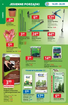 Pogląd oferty "E.Leclerc gazetka" - ważna od 14.09.2026 | Strona: 6 | Produkty: Podłoże, Ziemia uniwersalna, Sekator, Doniczka