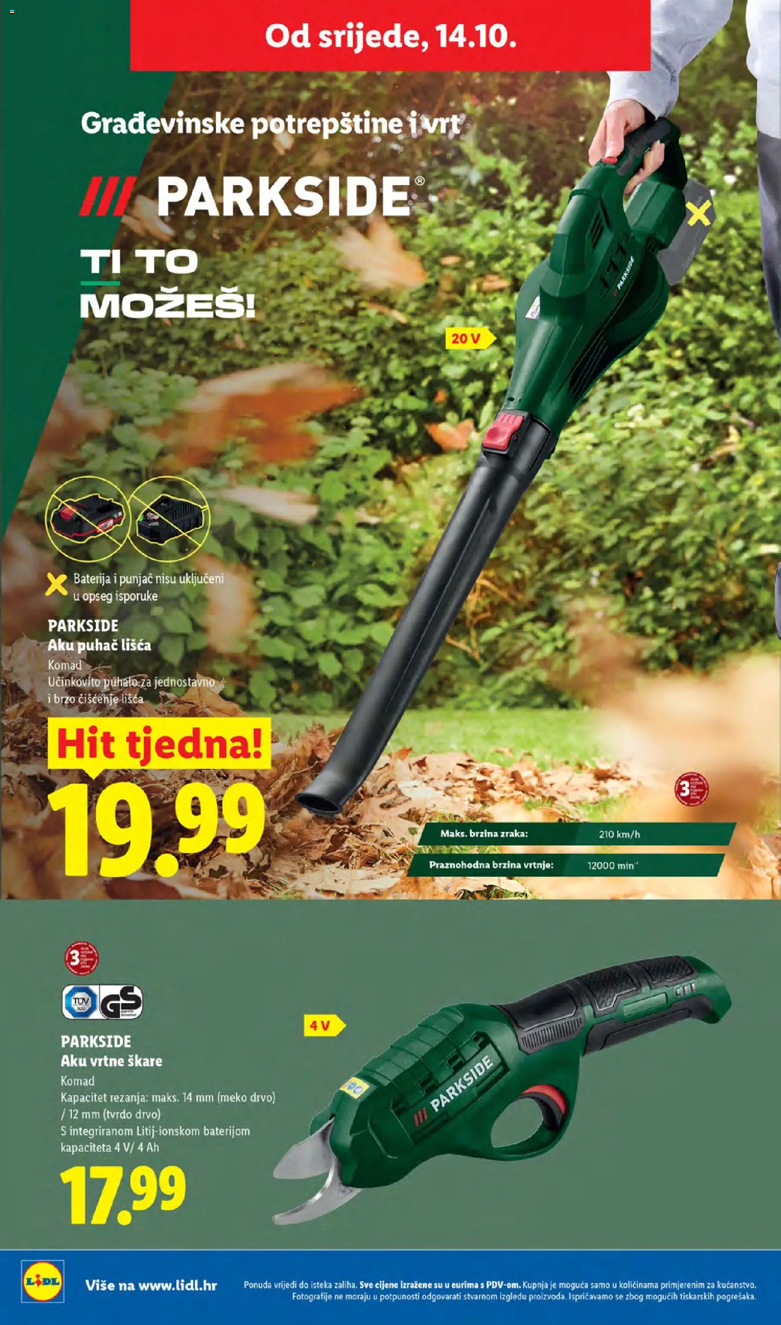 Lidl katalog | vrijedi od 12.10.2026 | Stranica: 38 | Proizvodi: Vrtne skare, Baterija, Aku puhač, Parkside