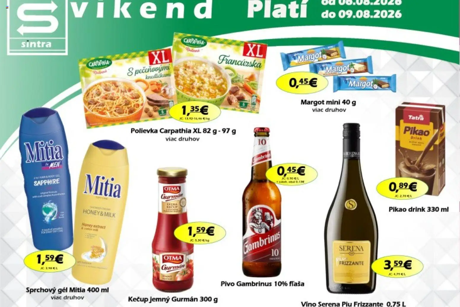 Nové Sintra akcie – leták je platný od 06.08.2026 | Strana: 1 | Produkty: Víno, Sprchový gél, Kečup, Gambrinus