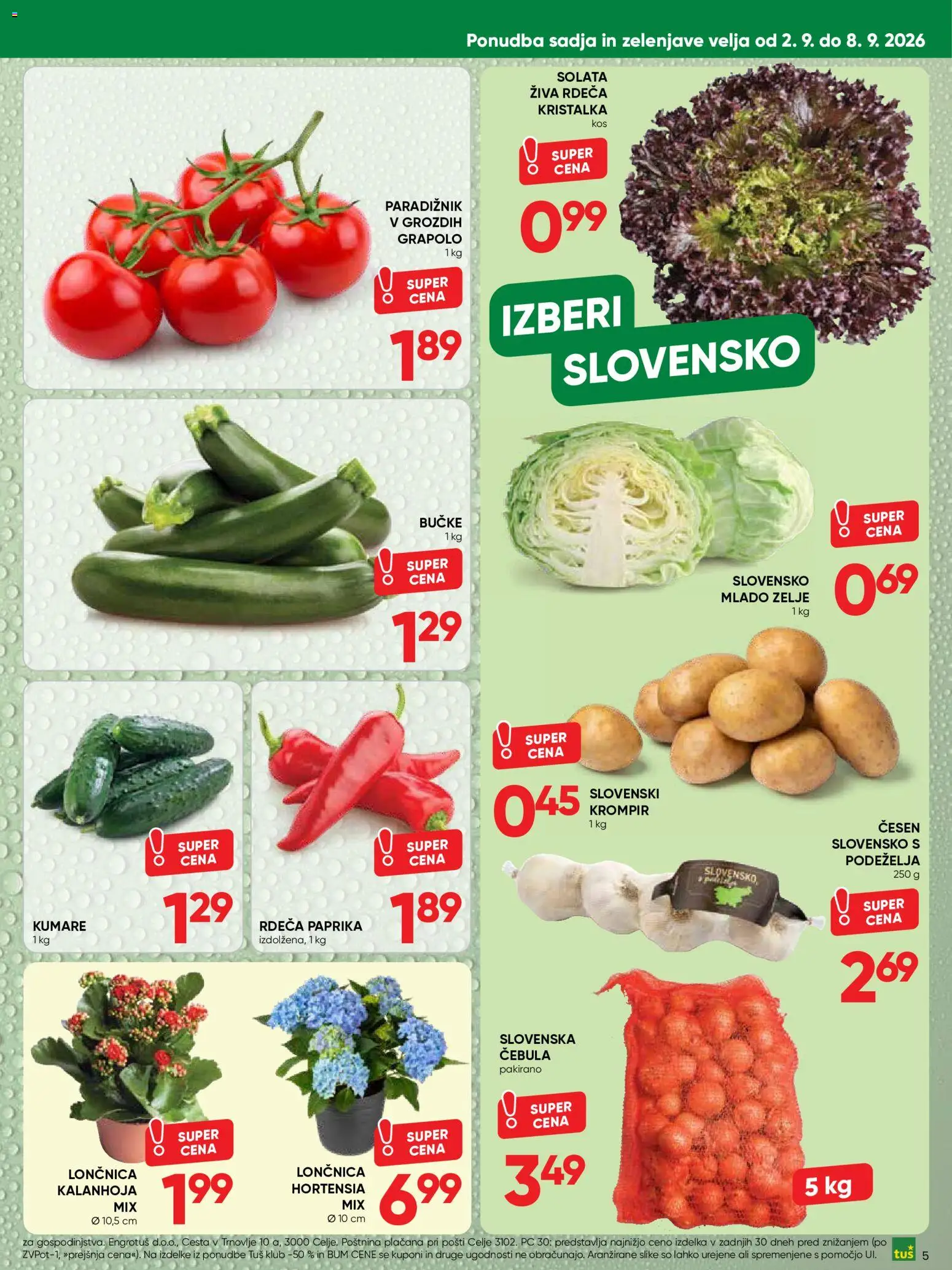 Novi Tuš katalog ponudbe – veljaven od 02.09.2026 | Stran: 5 | Izdelki: Krompir, Cebula, Cesen, Zelje