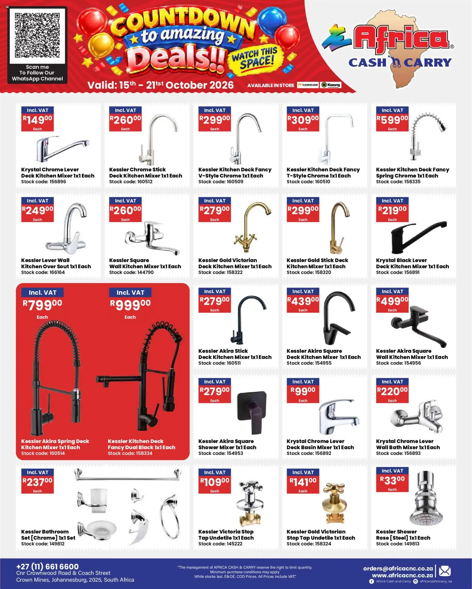 New Africa Cash & Carry catalogue – valid from 15/10/2026 | Page: 44 | Products: Watch, Mixer, Bath, Stock